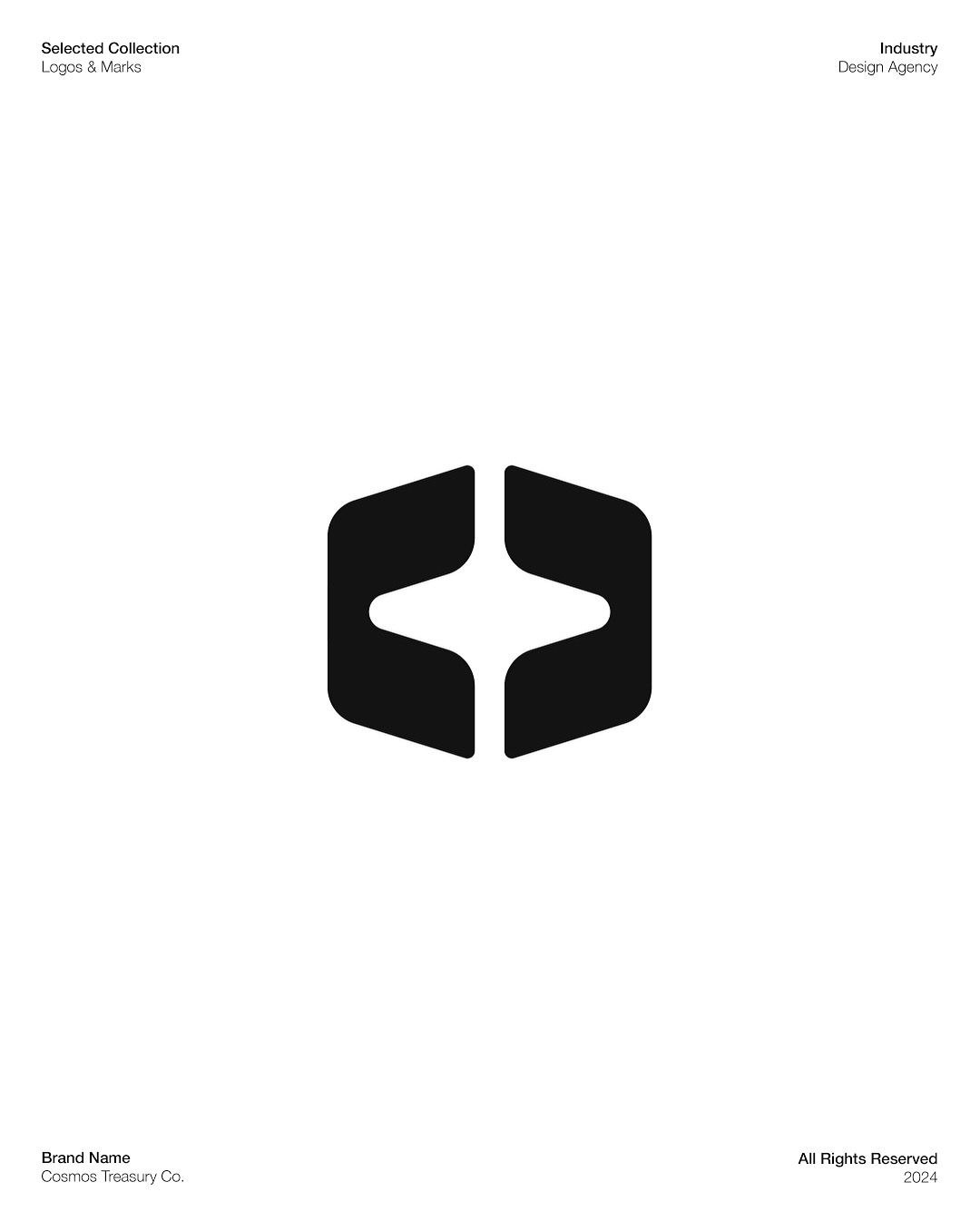 The image features a minimalist, abstract logo design characterized by clean lines and negative space. It employs a geometric, symmetrical structure that suggests connection or enclosure, conveying a sense of modern sophistication and balance.