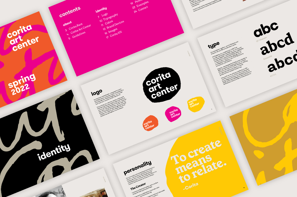 This image presents a vibrant and modern collection of design mockups, showcasing various branding concepts and identity layouts. The visual language relies on bold color blocking, clean typography, and ample white space to create a professional yet creative feel. The overall composition is modular, suggesting a comprehensive portfolio or design system.