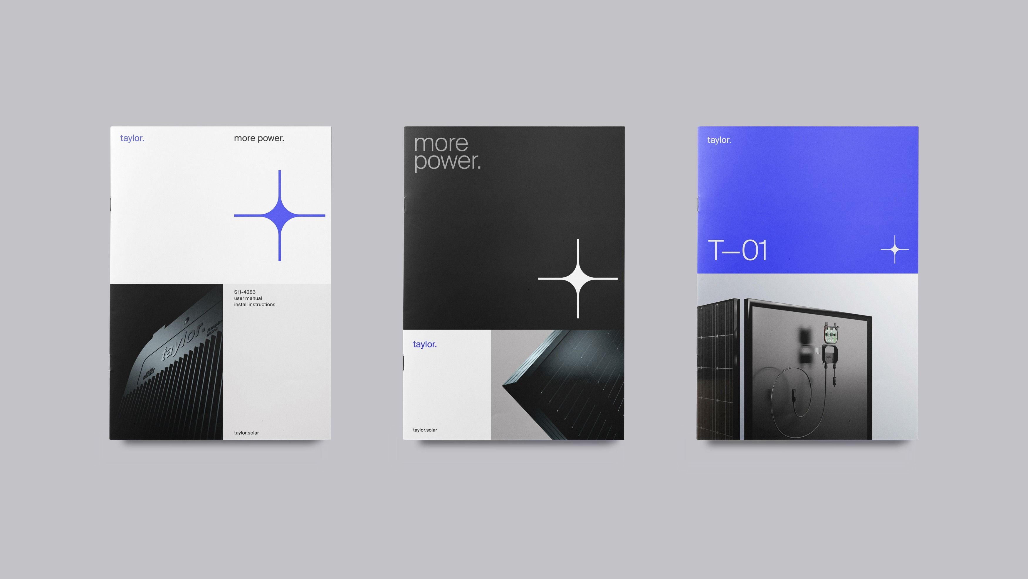 The image displays a clean, minimalist presentation of product or service information using stark contrasts between white, black, and vibrant blue accents. The design emphasizes negative space and precise geometric shapes to convey a sense of modern, high-tech sophistication.