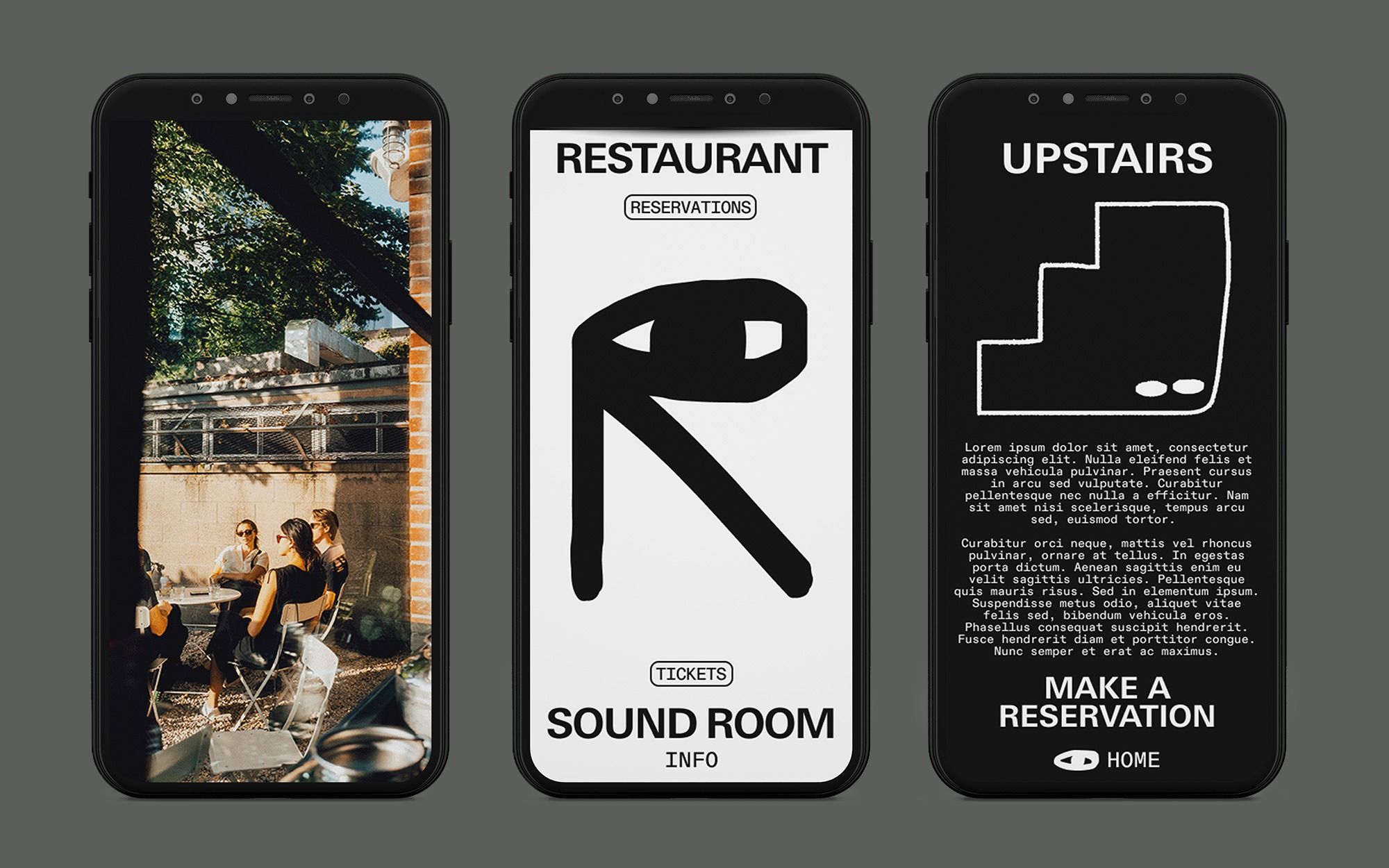 The image displays a clean, modern mobile application interface design characterized by high contrast and minimalist iconography. The visual language is stark and functional, relying on strong negative space to guide the user's eye toward key actions or information.