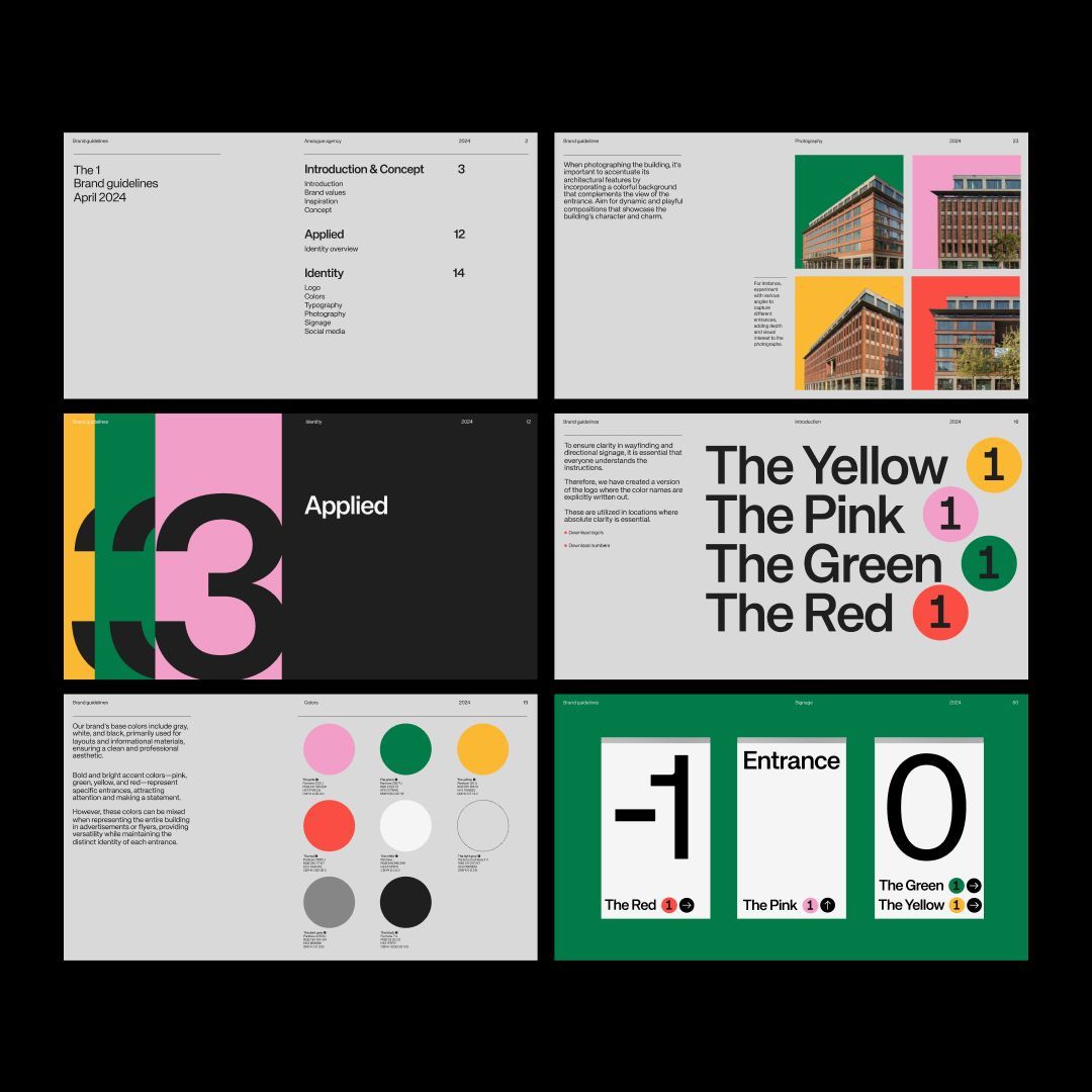 The image displays a series of clean, modern, and highly structured design mockups, likely showcasing branding or identity systems. The visual language relies heavily on bold geometric shapes, strong color blocking, and clear typographic hierarchy to convey a sense of professionalism and precision.