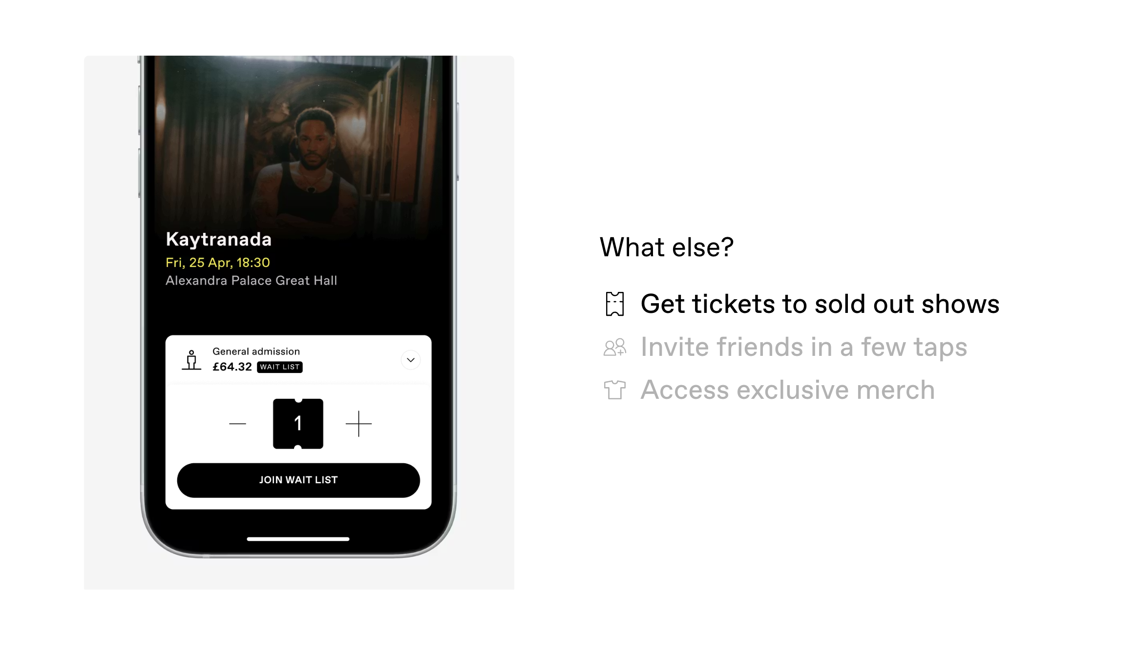 This interface presents a clean, dark-mode mobile user experience focused on event ticketing and fan engagement. The design is highly functional, prioritizing essential information like artist details and ticket status while maintaining a professional and exclusive aesthetic.