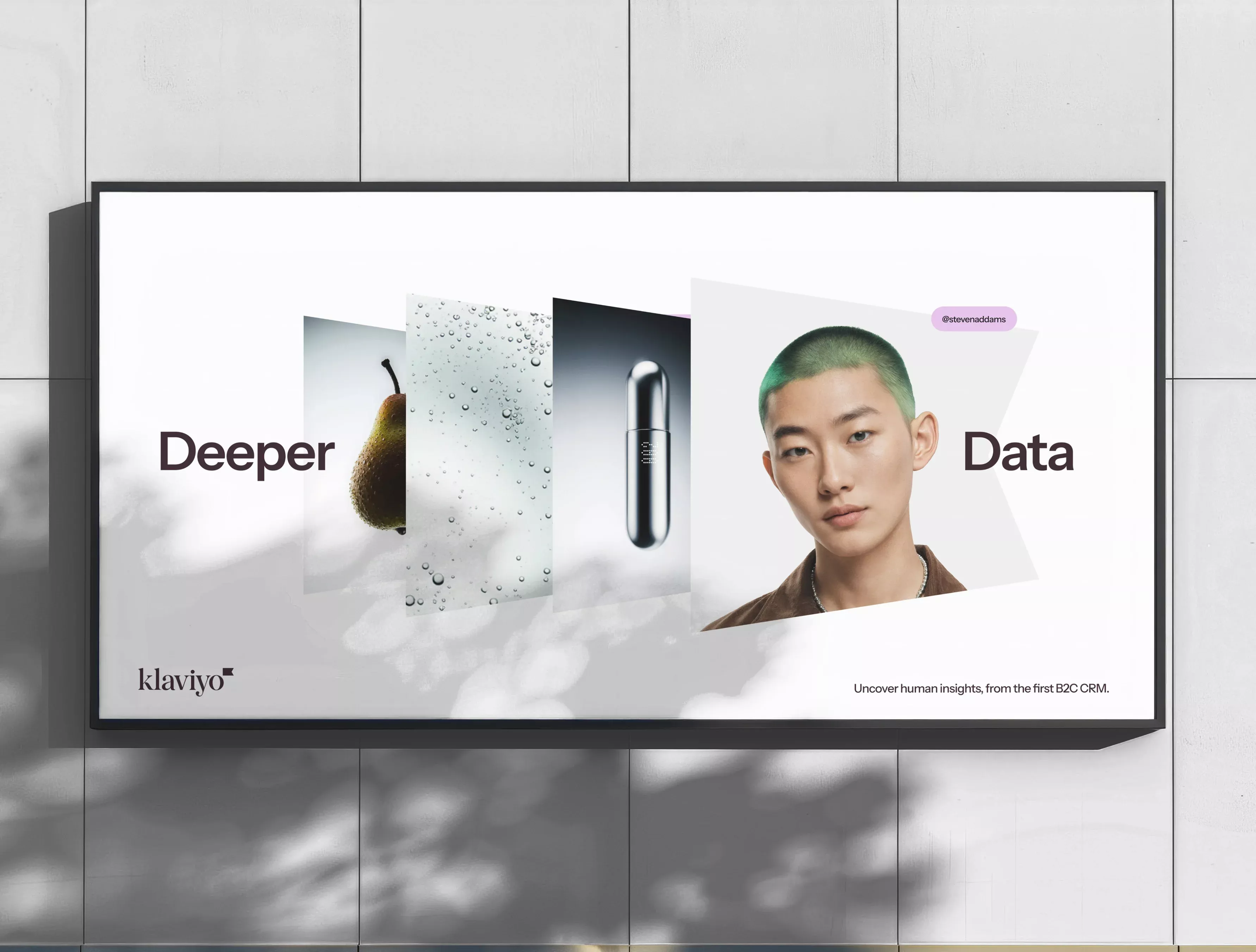 A contemporary digital billboard featuring a minimalist layout with layered imagery combining organic and technological elements. The design balances human portraiture with abstract visual metaphors, creating a sophisticated narrative around data and technology with clean, modern aesthetics.