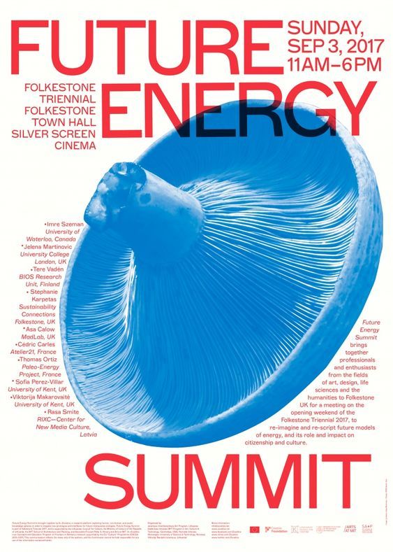 A bold, contemporary event poster featuring striking typographic hierarchy with a vibrant blue spherical form dominating the center. The design combines modernist principles with dynamic energy, using contrasting red and blue to create visual tension and draw attention to the central imagery.