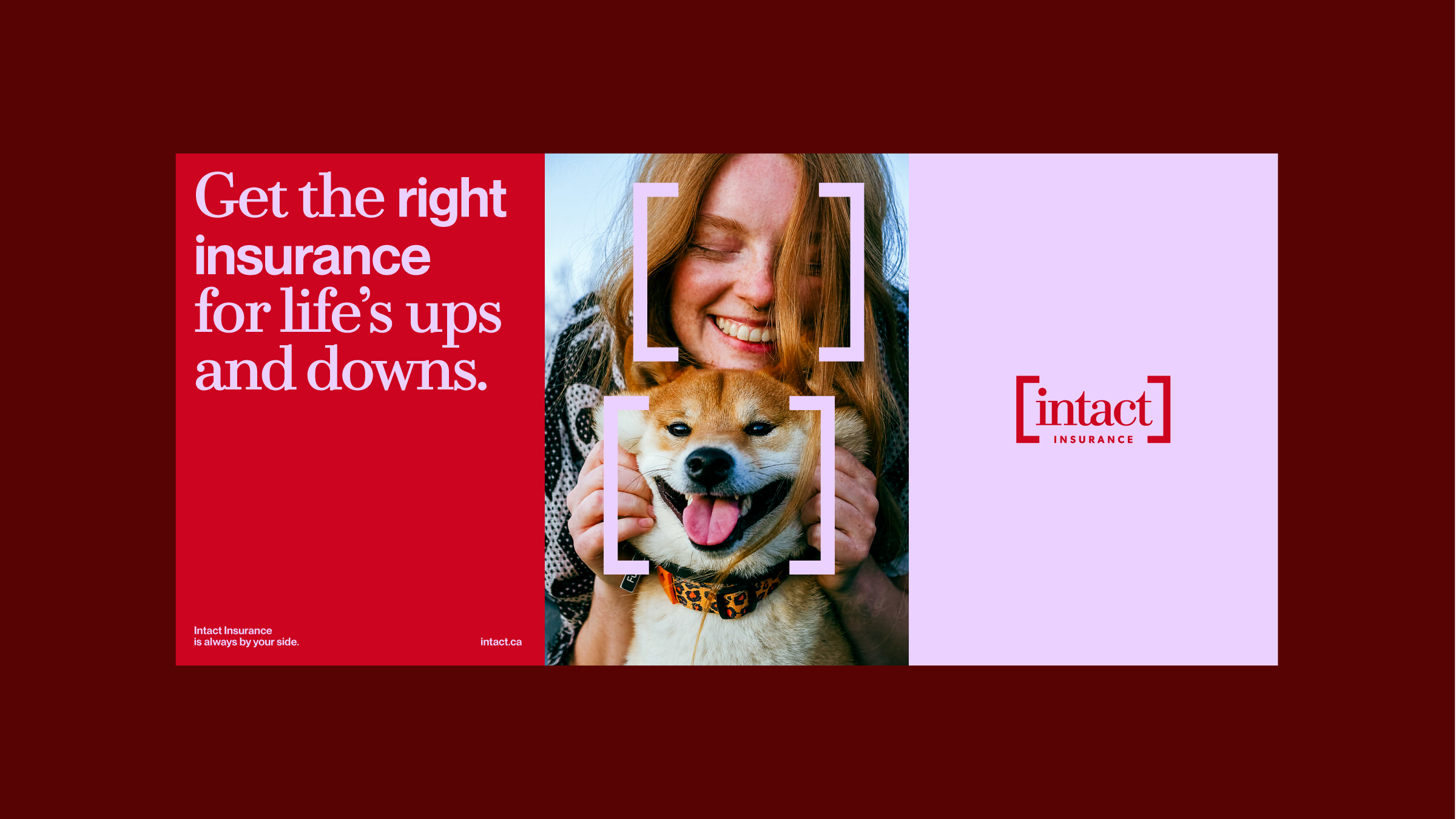 This design utilizes a rich, warm color palette anchored by deep reds and magentas to convey trust and stability. The composition is balanced, pairing compelling emotional copy with authentic imagery of a person and a pet to build a sense of relatable security. The visual language is modern yet inviting, effectively linking emotional reassurance with professional service.
