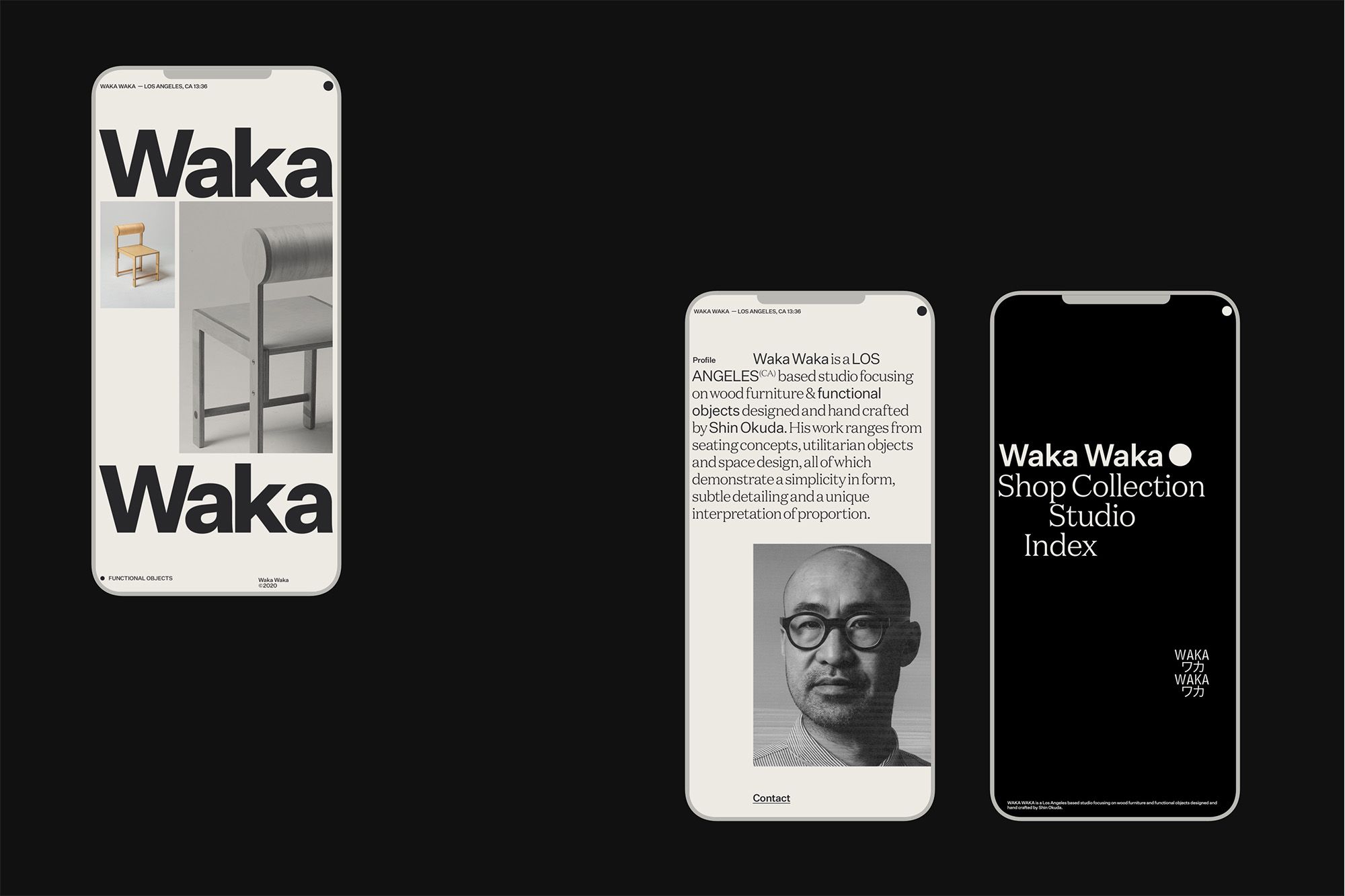 The image presents a clean, minimalist mobile application interface design characterized by stark white space and strong, bold typography. The visual language is highly refined, focusing on product presentation with a sophisticated, gallery-like feel.