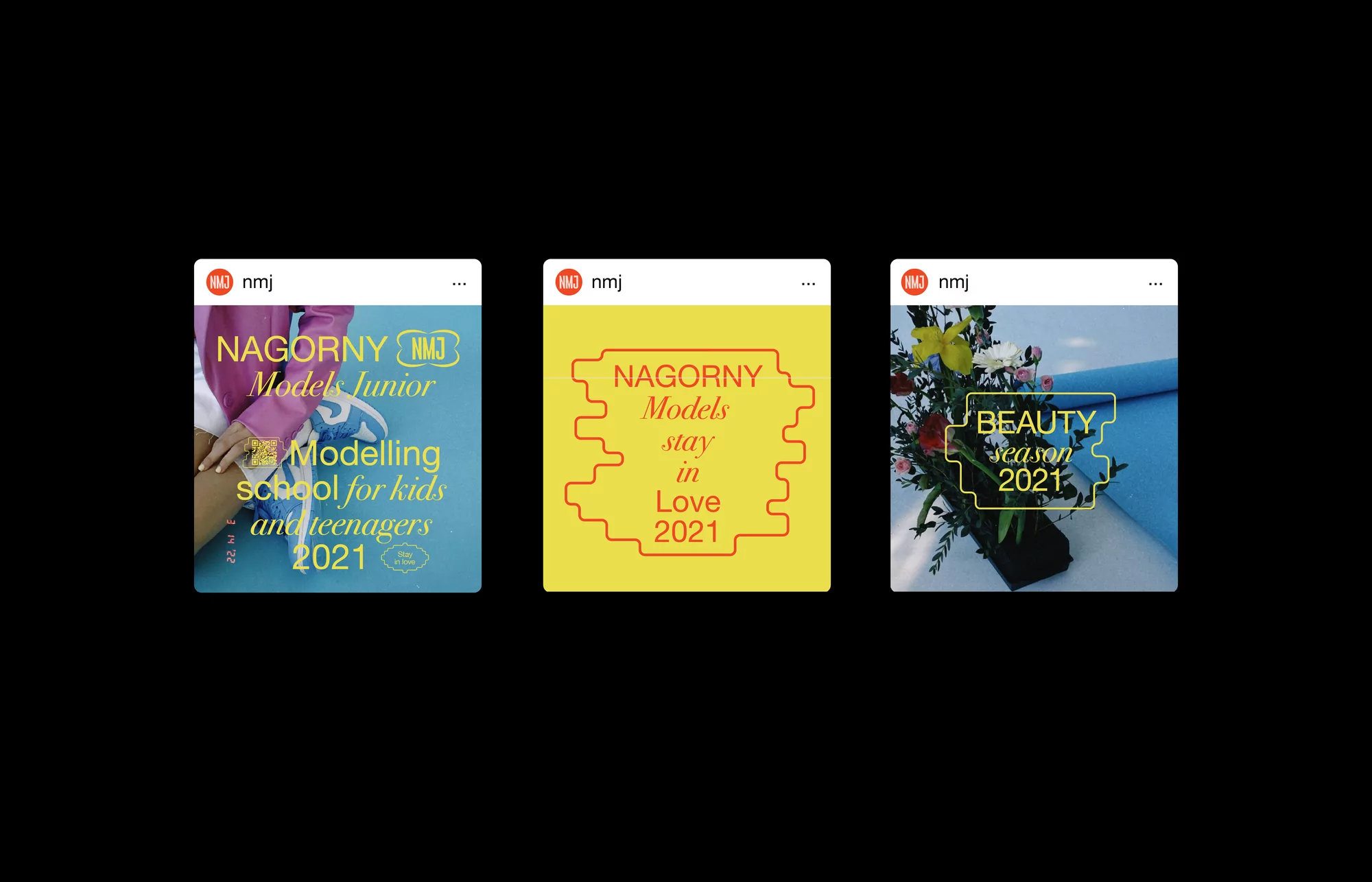 The image displays three distinct, square-format promotional graphics, likely for an educational or modeling program. The design uses clean lines, contrasting colors (yellow and purple/pink), and clear typography to convey a professional yet inviting tone.