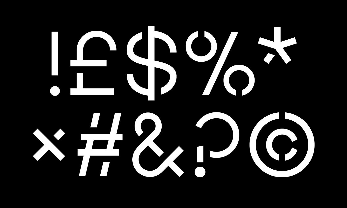 This image presents a dense, chaotic arrangement of various symbols and punctuation marks rendered in a stark white, minimalist style against a black background. The visual language is abstract and typographic, relying purely on the juxtaposition of symbols to create texture and visual noise.