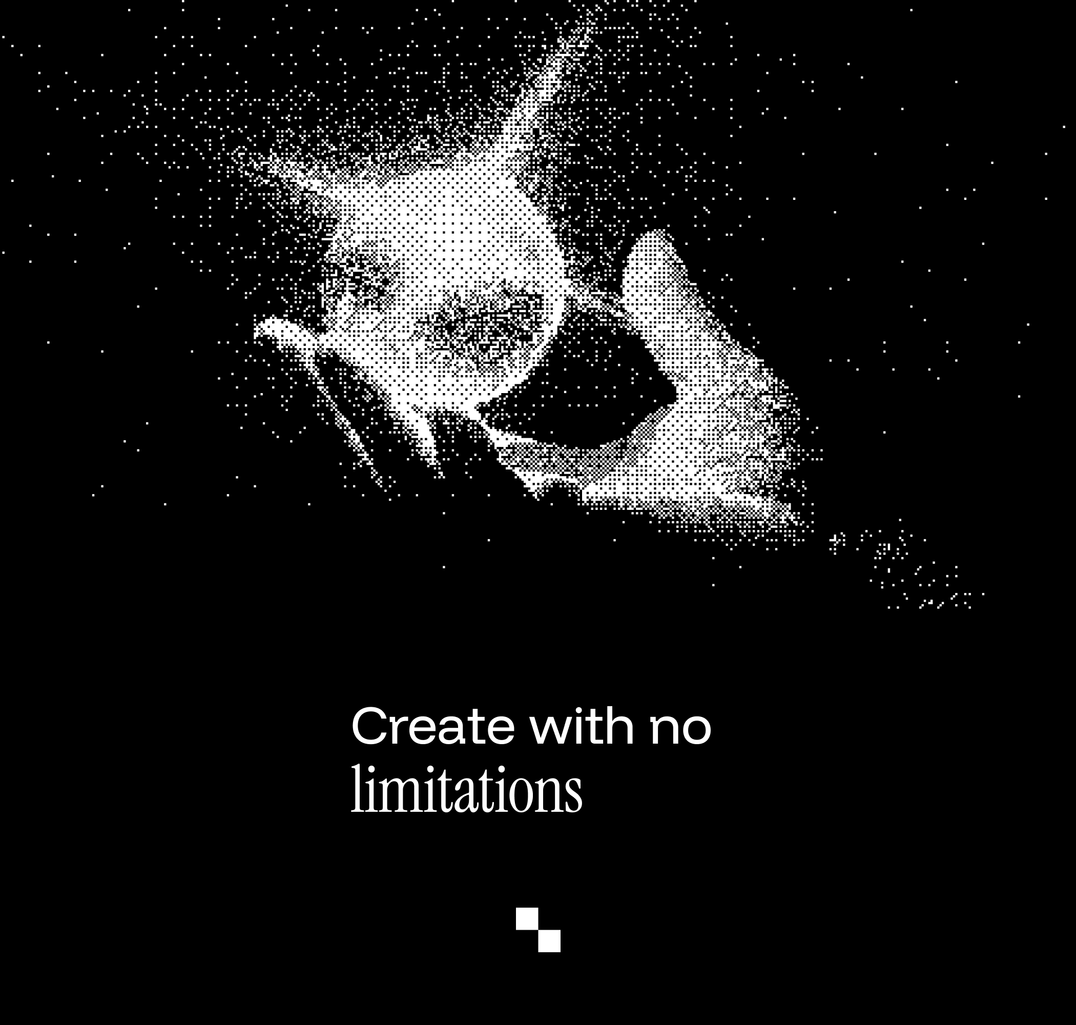 The image features a high-contrast, grainy texture resembling stardust or noise against a black background, highlighting an abstract, bright form. The design conveys a sense of raw energy and limitless creation through its stark minimalism.