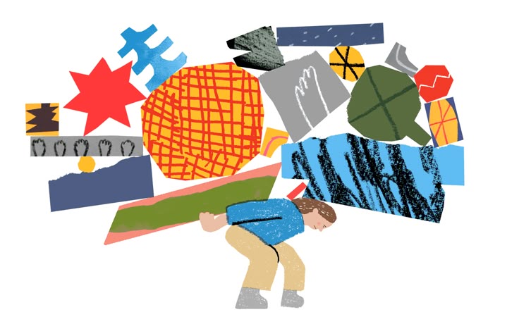 This image is a collage or abstract composition featuring various geometric shapes and textures, suggesting a playful, handcrafted, or modular design aesthetic. The visual language is bold yet somewhat muted in tone, relying heavily on shape juxtaposition and texture variation to create visual interest.