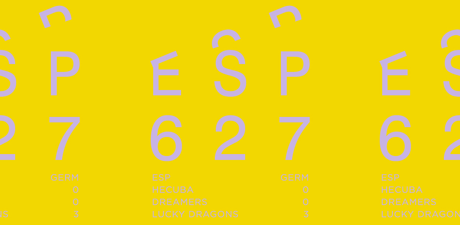 The image features a minimalist, high-contrast design using a bright yellow background and light purple/lavender text. The layout is structured in a grid-like pattern, suggesting data presentation or a coded display due to the numerical and alphabetical characters.