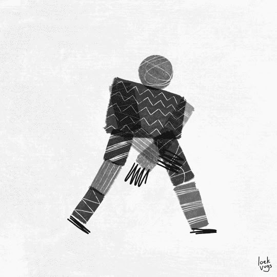 This is a minimalist, monochromatic illustration depicting a stylized human figure in a dynamic, low stance. The design relies heavily on texture created by hatched lines and varying shades of gray to suggest form and shadow.