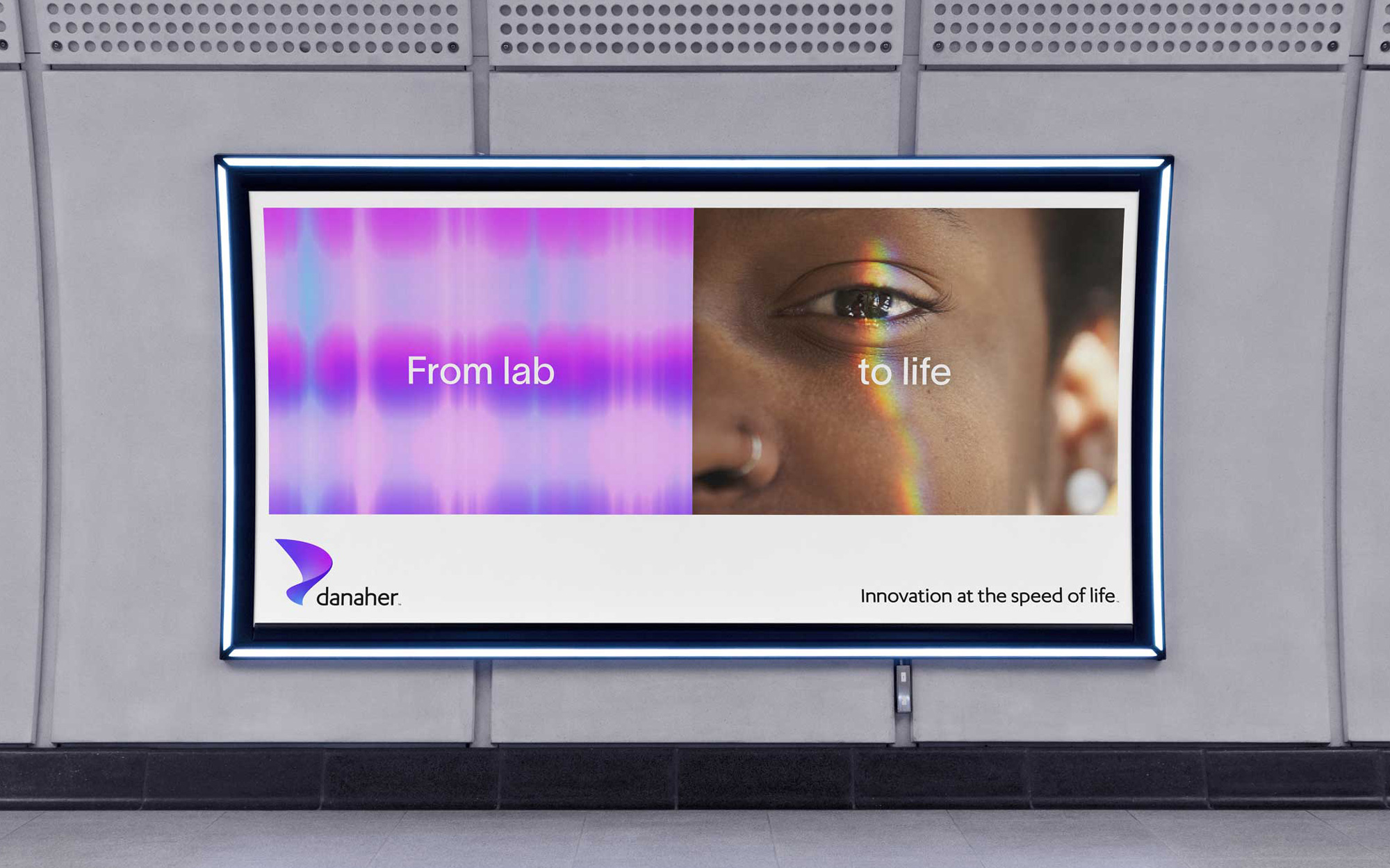 This design uses a compelling visual metaphor to illustrate transformation, juxtaposing an abstract scientific spectrum with a close-up of human vitality. The clean lines and vibrant yet controlled color palette effectively communicate themes of innovation, precision, and the bridge between laboratory research and real-life application.