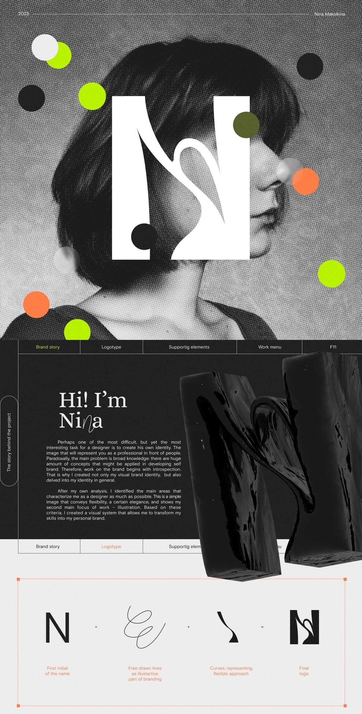 This design utilizes a stark, high-contrast monochrome palette combined with subtle pops of color to create a sophisticated and modern visual identity. The composition relies heavily on negative space, focusing attention on the profile portrait and clean geometric typography.