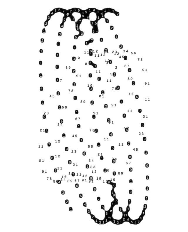 A minimalist connect-the-dots illustration rendered in black and white, depicting an abstract organic form with neural or root-like appendages at top and bottom. The design uses numbered points and delicate line work to create a sense of scientific inquiry and systematic visualization.