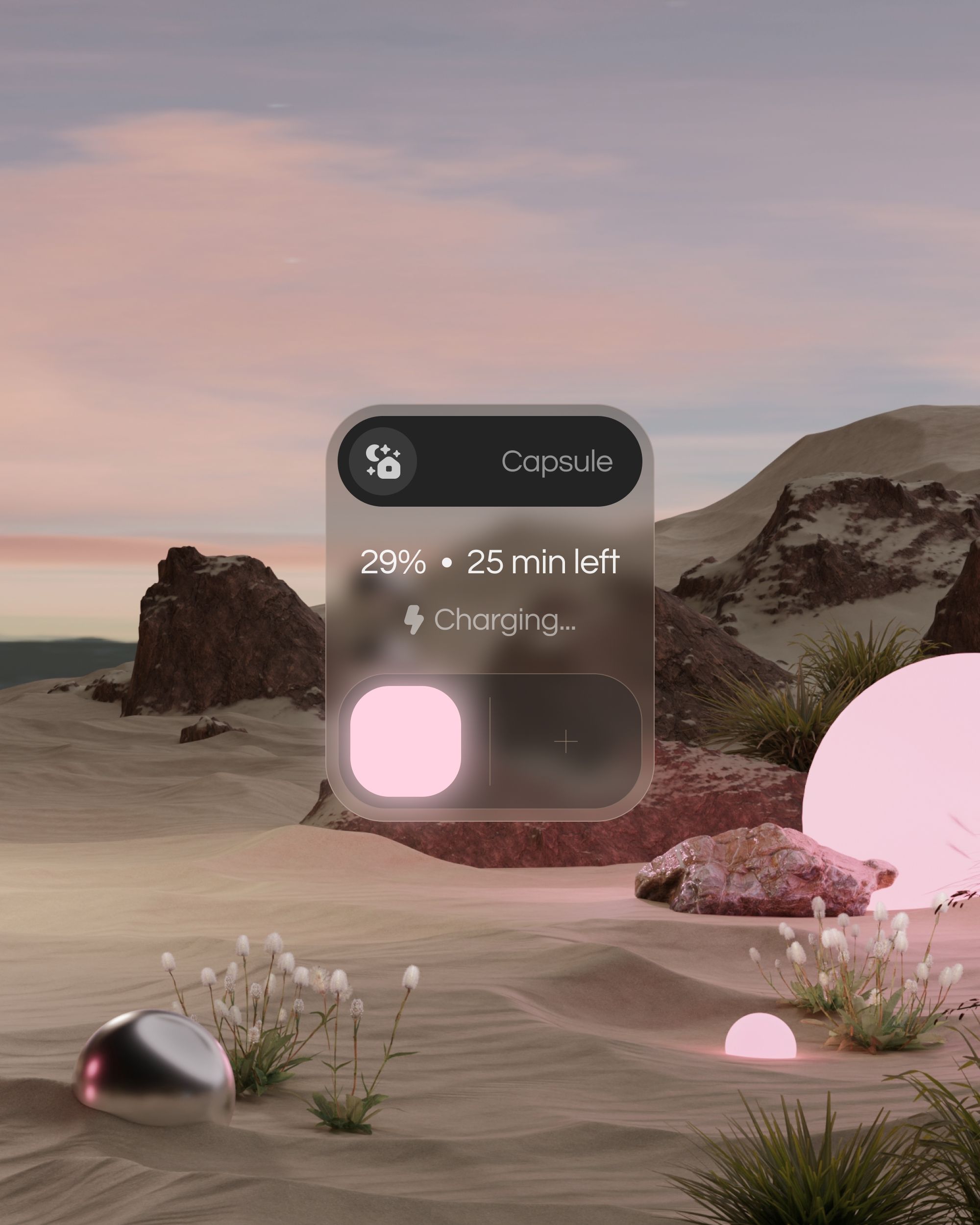 A surreal, futuristic interface design overlaid on a dreamlike desert landscape with soft pink and purple tones. The composition blends minimalist UI elements with organic natural scenery, creating a contemplative sci-fi aesthetic. Glowing orbs and charging indicators suggest a speculative technology product in a serene, otherworldly environment.