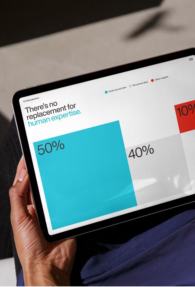 The image displays a clean, modern user interface design featuring bold percentage graphics to convey a message about human expertise. The visual language is minimalist and data-driven, using strong color blocking to segment information clearly.