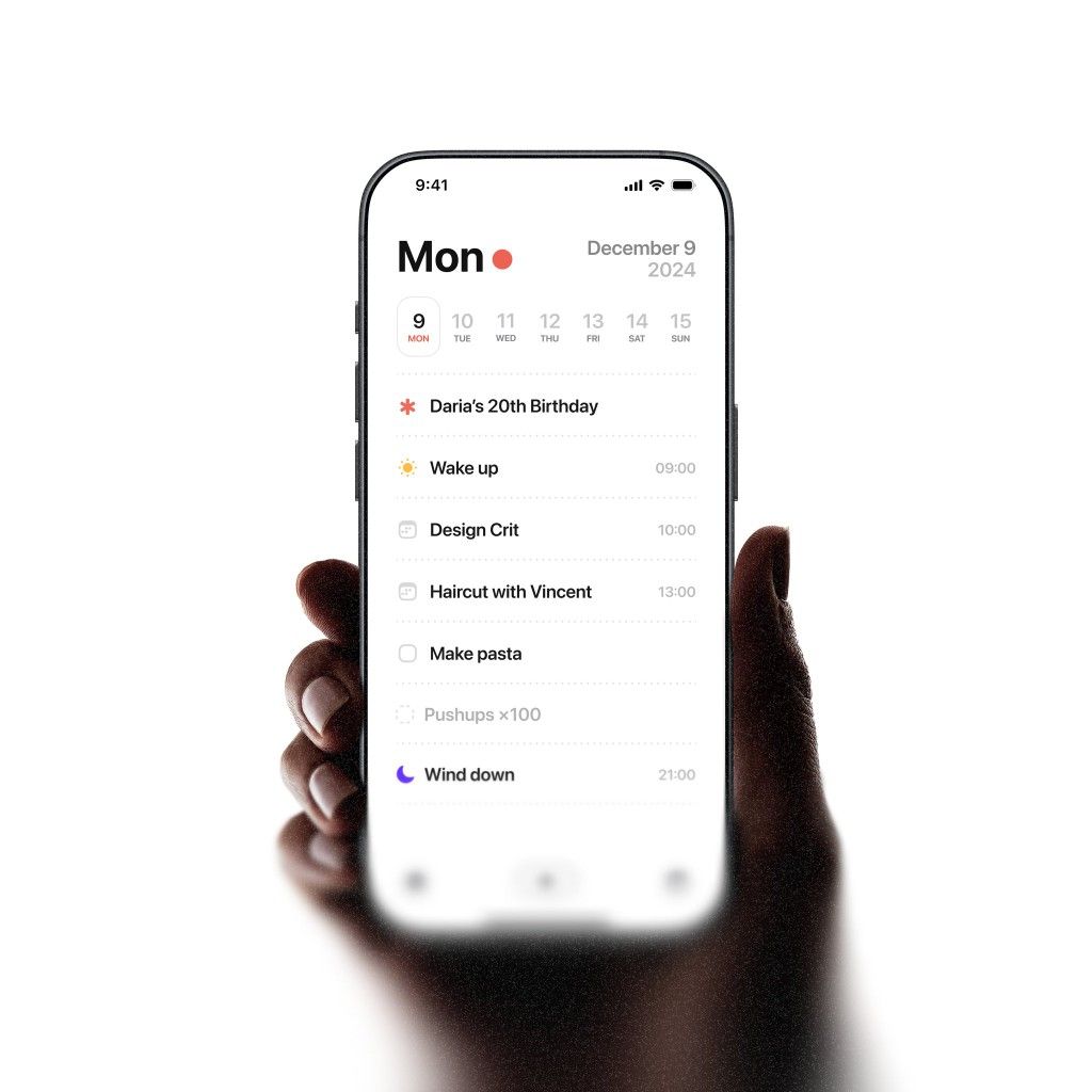 The image displays a clean, minimalist mobile interface mockup, likely a schedule or to-do list, characterized by high contrast and clear hierarchy. The design employs ample white space to ensure readability and a modern, functional aesthetic.
