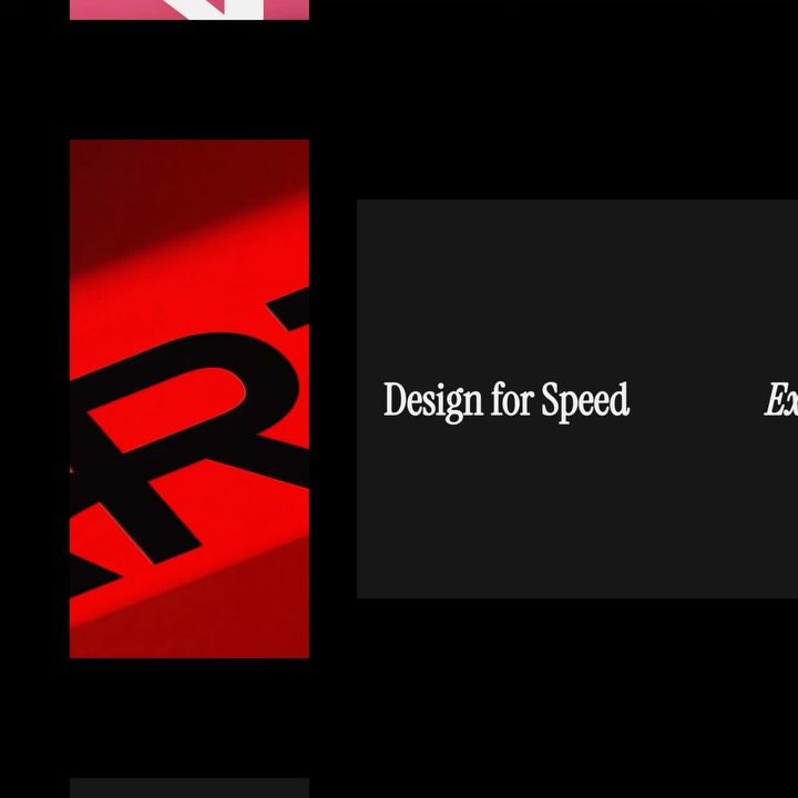 A bold, high-contrast design featuring a dynamic red and black geometric composition with a striking abstract letterform or symbol. The layout combines a vibrant left panel with a minimalist dark right section displaying serif typography, creating a modern, energetic visual statement.