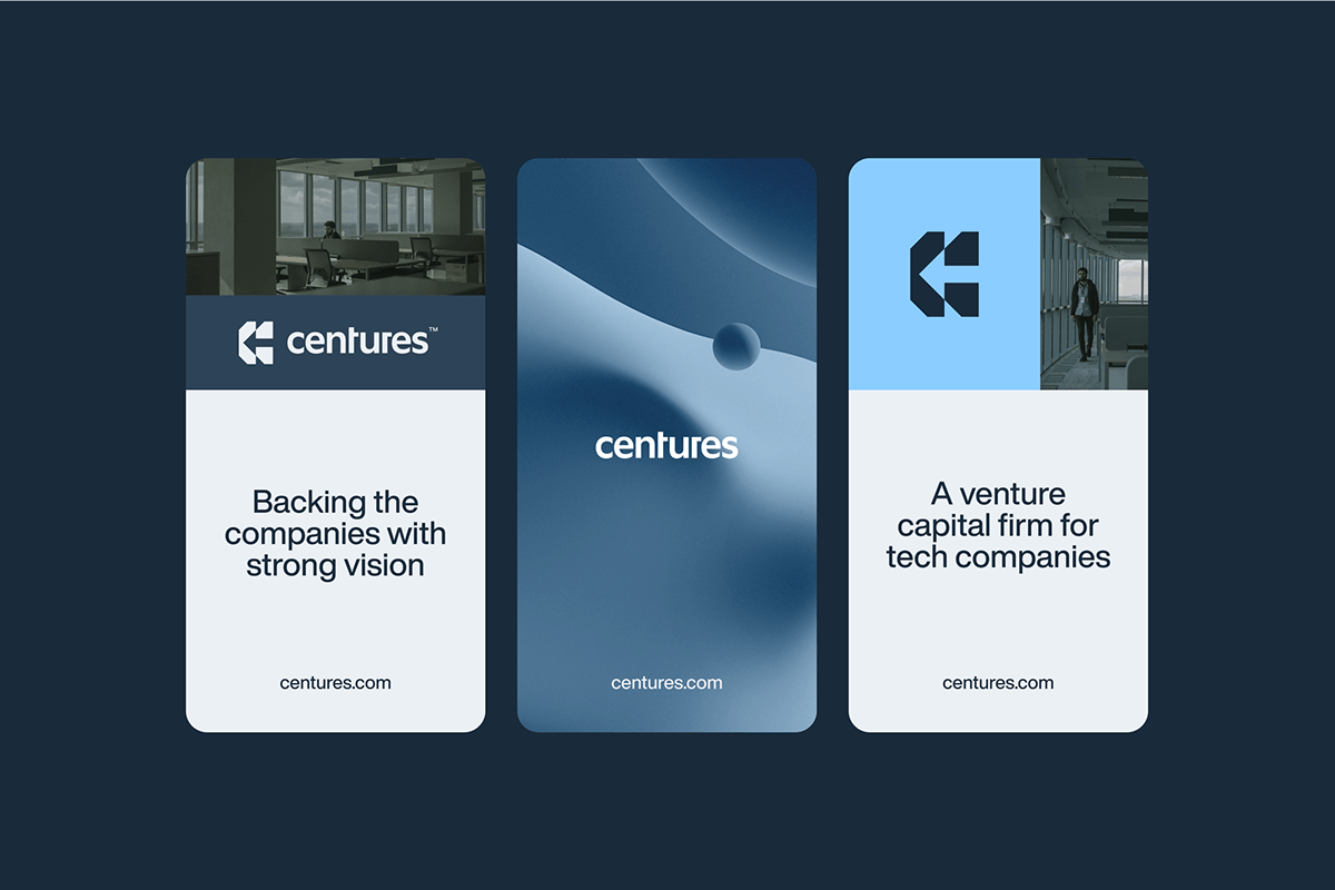 The image presents a clean, modern, and corporate visual identity using a dark blue and light blue color scheme. The design relies on smooth gradients and minimalist iconography to convey trust, vision, and expertise in the venture capital space.