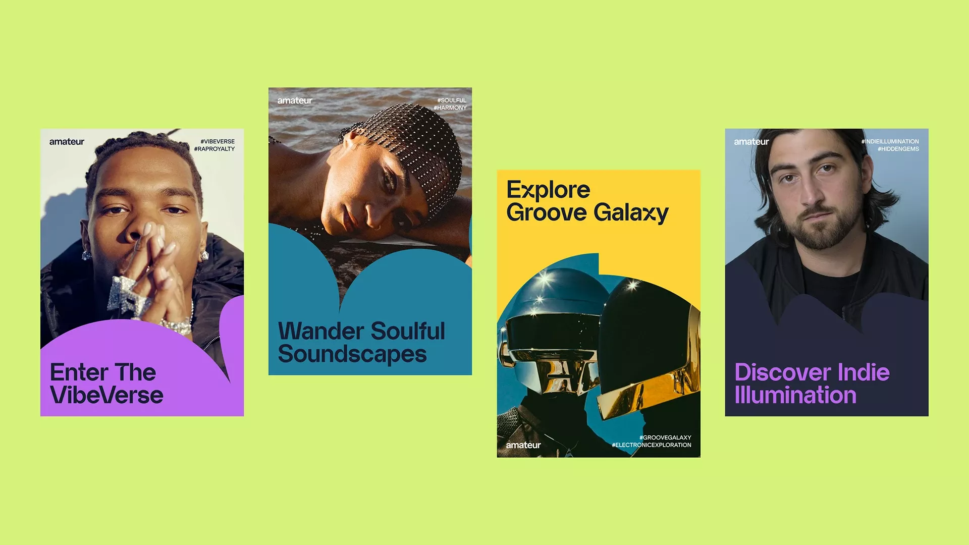 A vibrant, contemporary music or media platform interface featuring a grid layout of colorful card modules with bold typography and photographic imagery. The design employs a bright lime-green background with contrasting neon accents, creating a youthful and energetic digital aesthetic that emphasizes discovery and exploration.