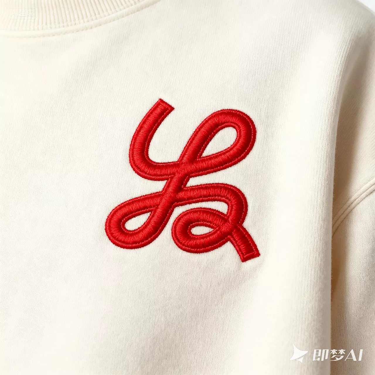 This image showcases intricate red embroidery forming a stylized monogram on a soft, cream-colored garment. The design combines classic script artistry with simple apparel to create an elegant and refined visual statement.