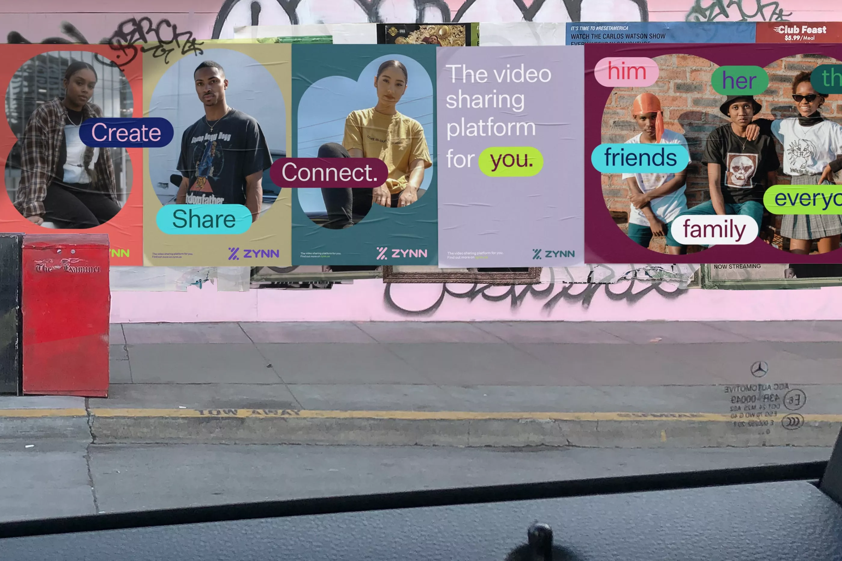 The image is a mock-up or visual representation of a social media or platform interface, characterized by a bright, layered design using soft pastel backgrounds and clear calls to action. It employs a clean, modern aesthetic with distinct sections for user interaction (Create, Connect, Share) and profile representations.