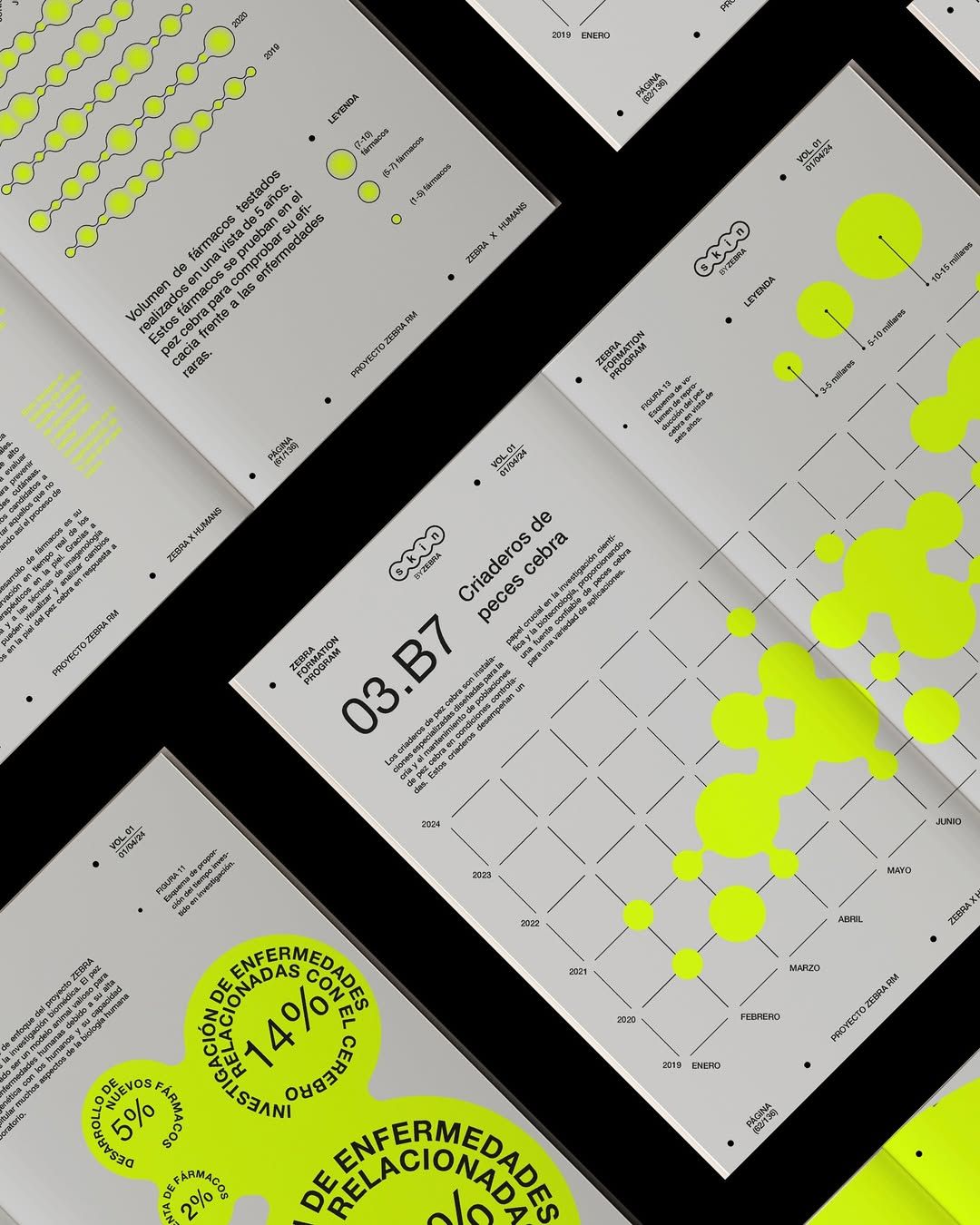 A modern, data-driven design system featuring minimalist layouts with striking neon yellow accents against neutral grays and blacks. The composition showcases multiple printed collateral pieces arranged at dynamic angles, emphasizing a contemporary, tech-forward aesthetic with emphasis on information hierarchy and visual rhythm.