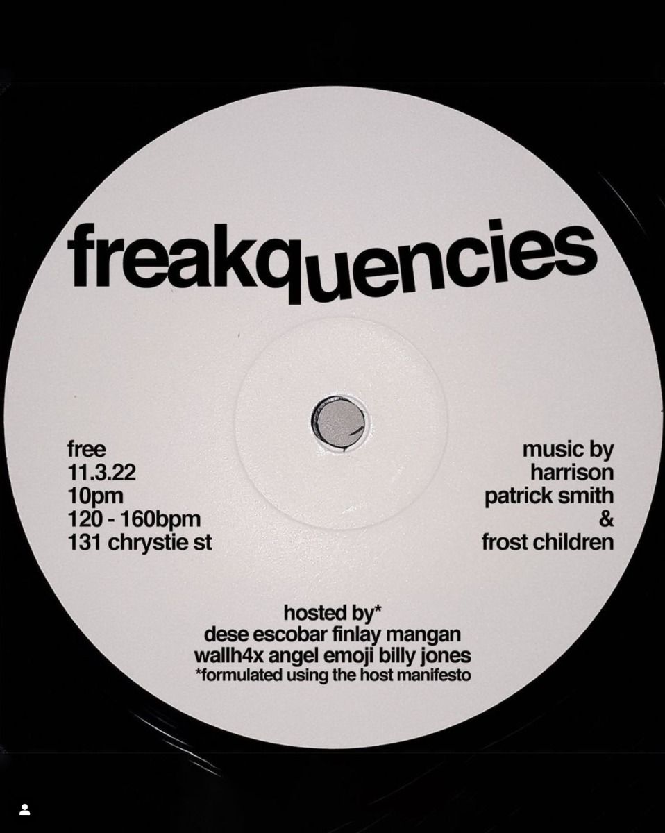 A minimalist vinyl record design featuring bold, experimental typography centered on a light gray circular label. The layout employs stark contrast and utilitarian design principles typical of underground electronic music culture, with event details distributed across the disc surface in a deliberately asymmetrical arrangement.