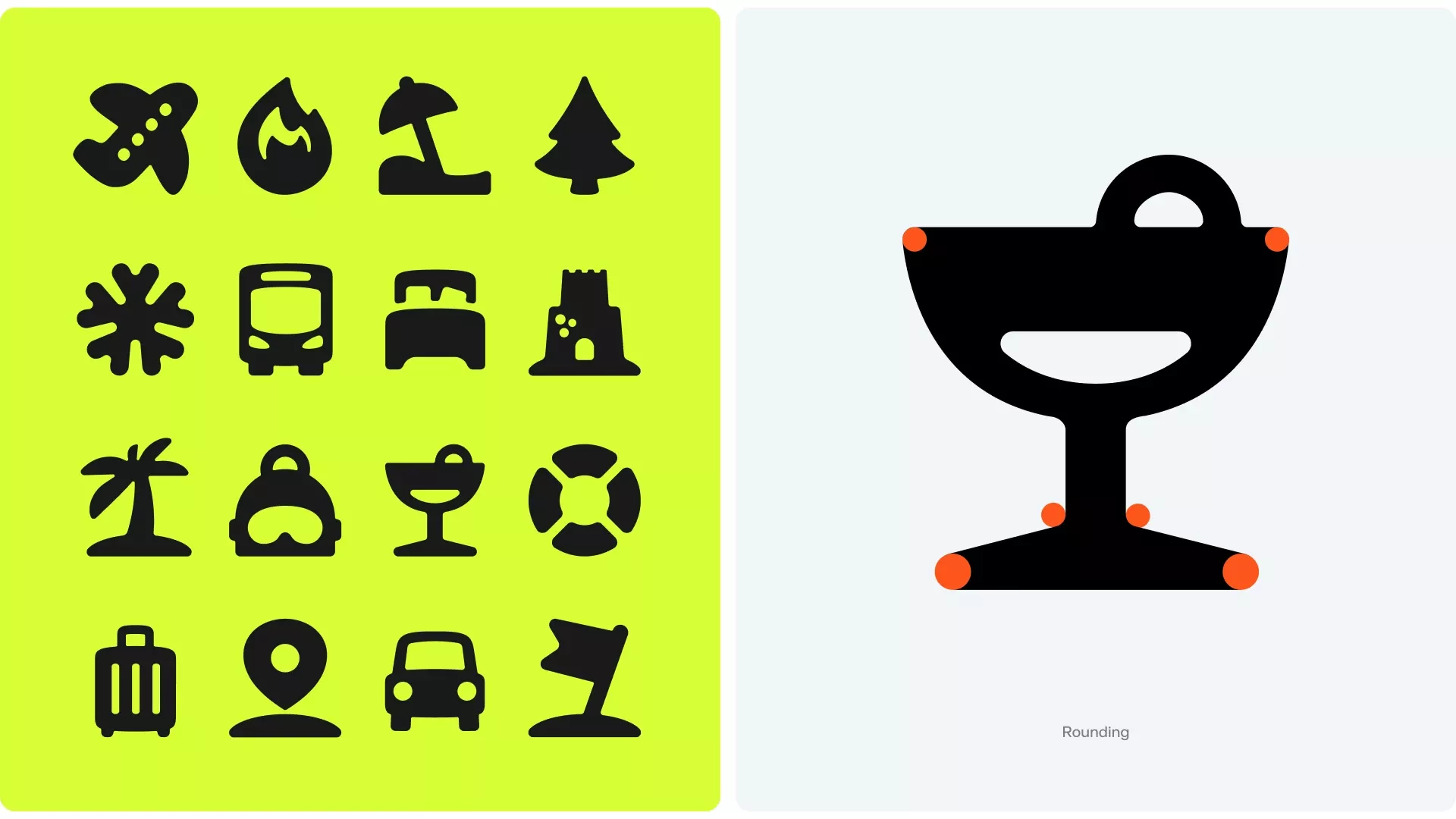 This image presents a set of simple, monochrome icons against a bright lime green background, suggesting a clean, modern, and functional design system. The visual language relies on solid black silhouettes to convey various concepts quickly and clearly.