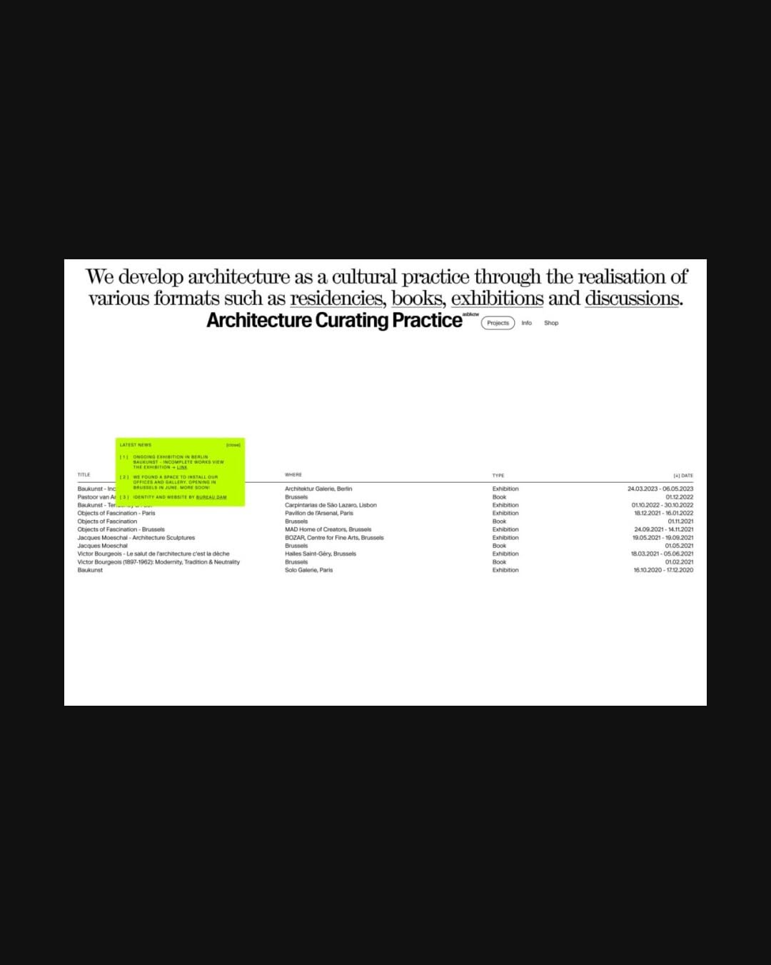 The image presents a clean, text-heavy document layout, likely a table of contents or a program listing, characterized by a minimalist and academic aesthetic. The design relies heavily on structured typography and white space to organize dense information clearly.