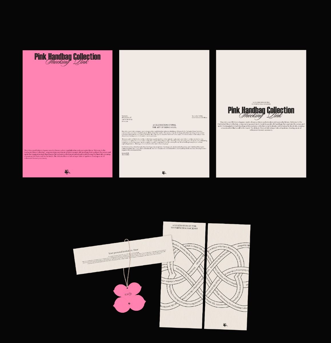 The image presents a clean, minimalist collection of design mockups, likely for branding or print materials. The visual language relies heavily on negative space, a limited color palette of pink and white/off-white, conveying a sense of elegance and subtlety.