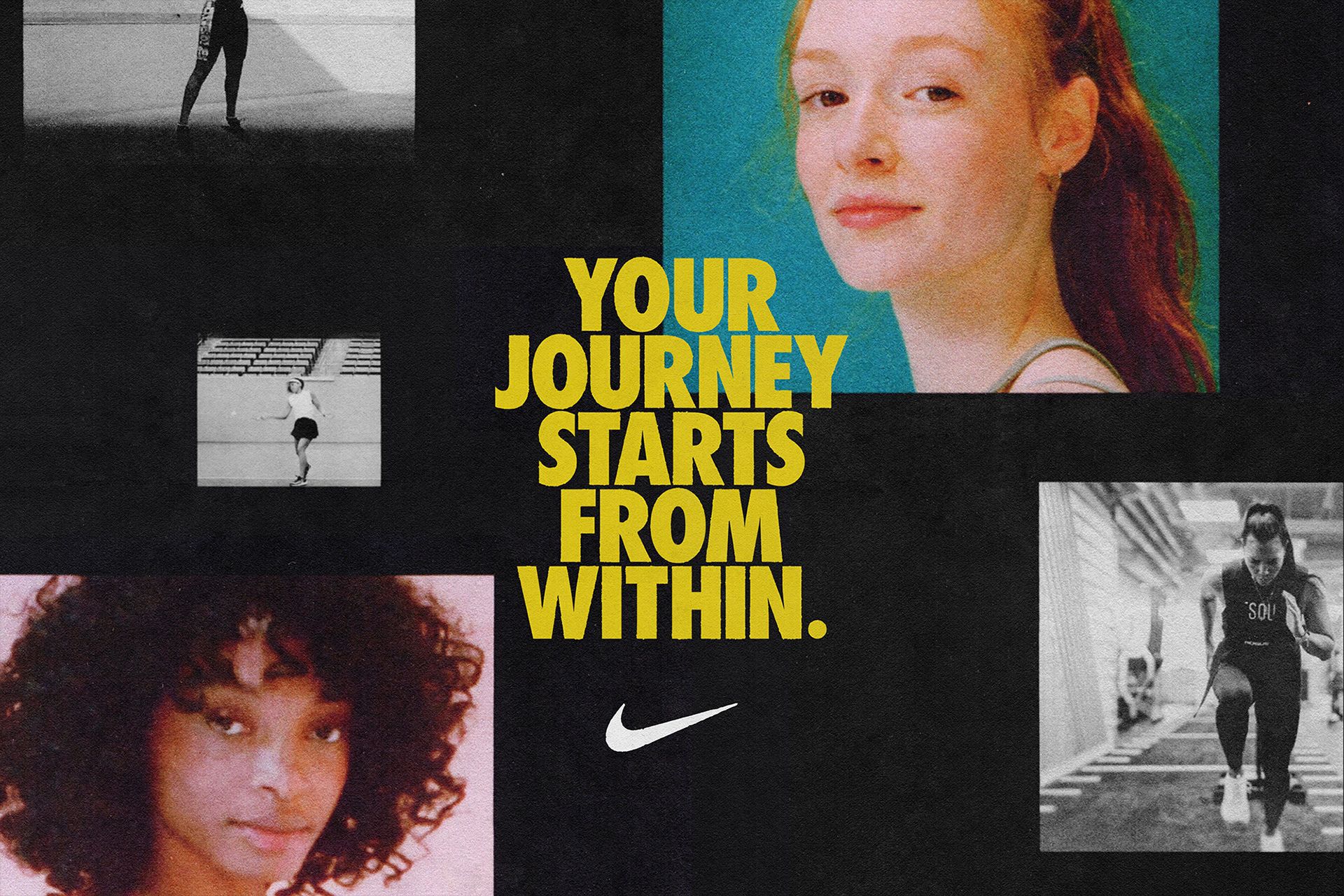 This is a motivational and editorial collage utilizing high-contrast monochrome photography mixed with soft color portraits. The design effectively blends personal imagery with bold typography and athletic branding to convey themes of inner strength and achievement.