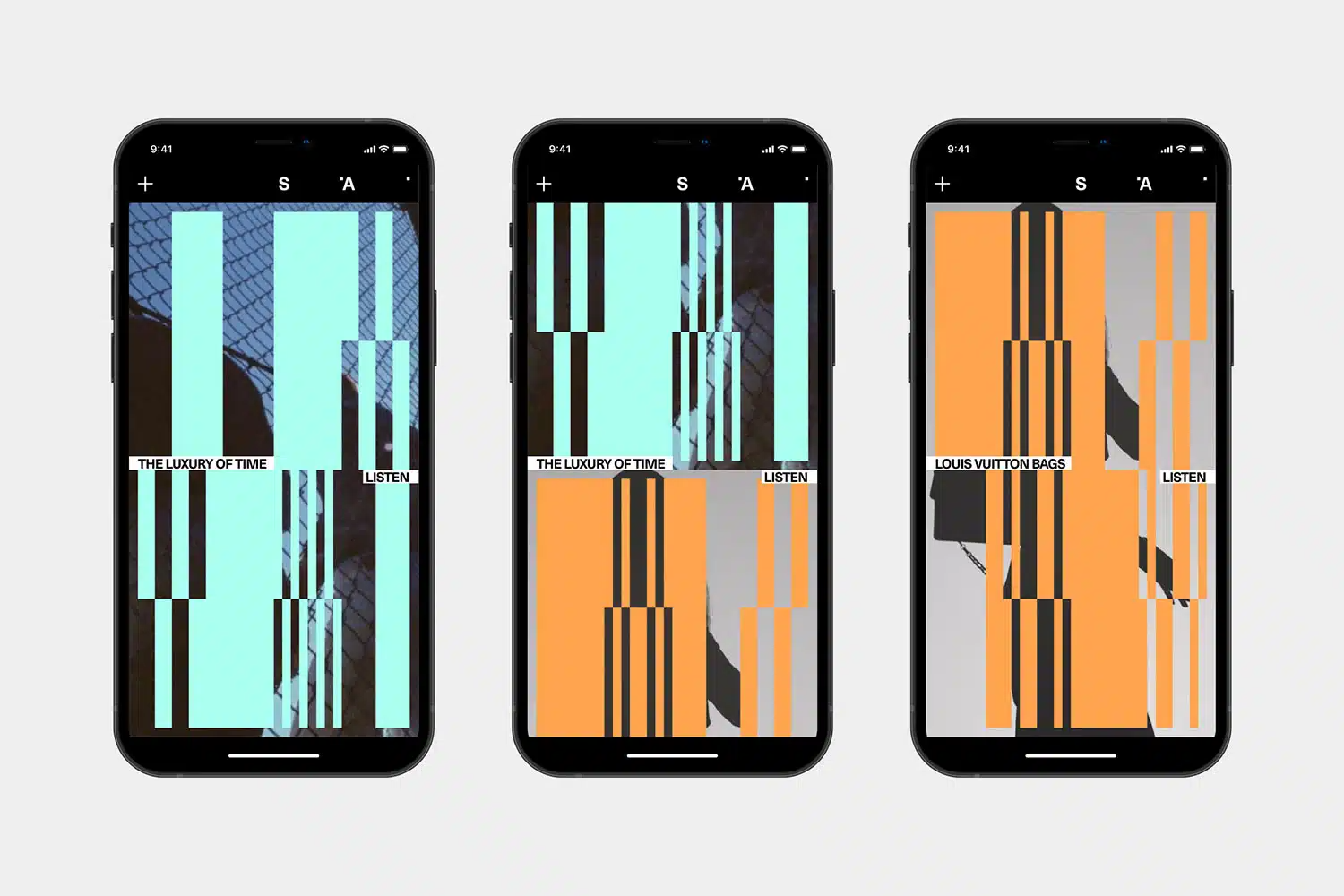 This image presents a series of three smartphone mockups displaying abstract, vertical bar graphics against dark backgrounds. The design utilizes a high-contrast, monochromatic palette dominated by teal/cyan and orange tones to create a modern, data-driven aesthetic.
