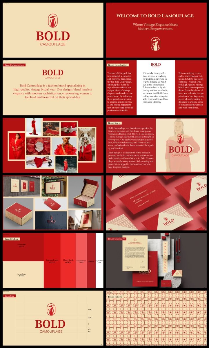 This image presents a diverse collection of high-contrast graphic design templates, heavily utilizing rich reds and warm neutrals. The visual language is bold and classic, suggesting themes related to luxury branding, invitations, and editorial design.