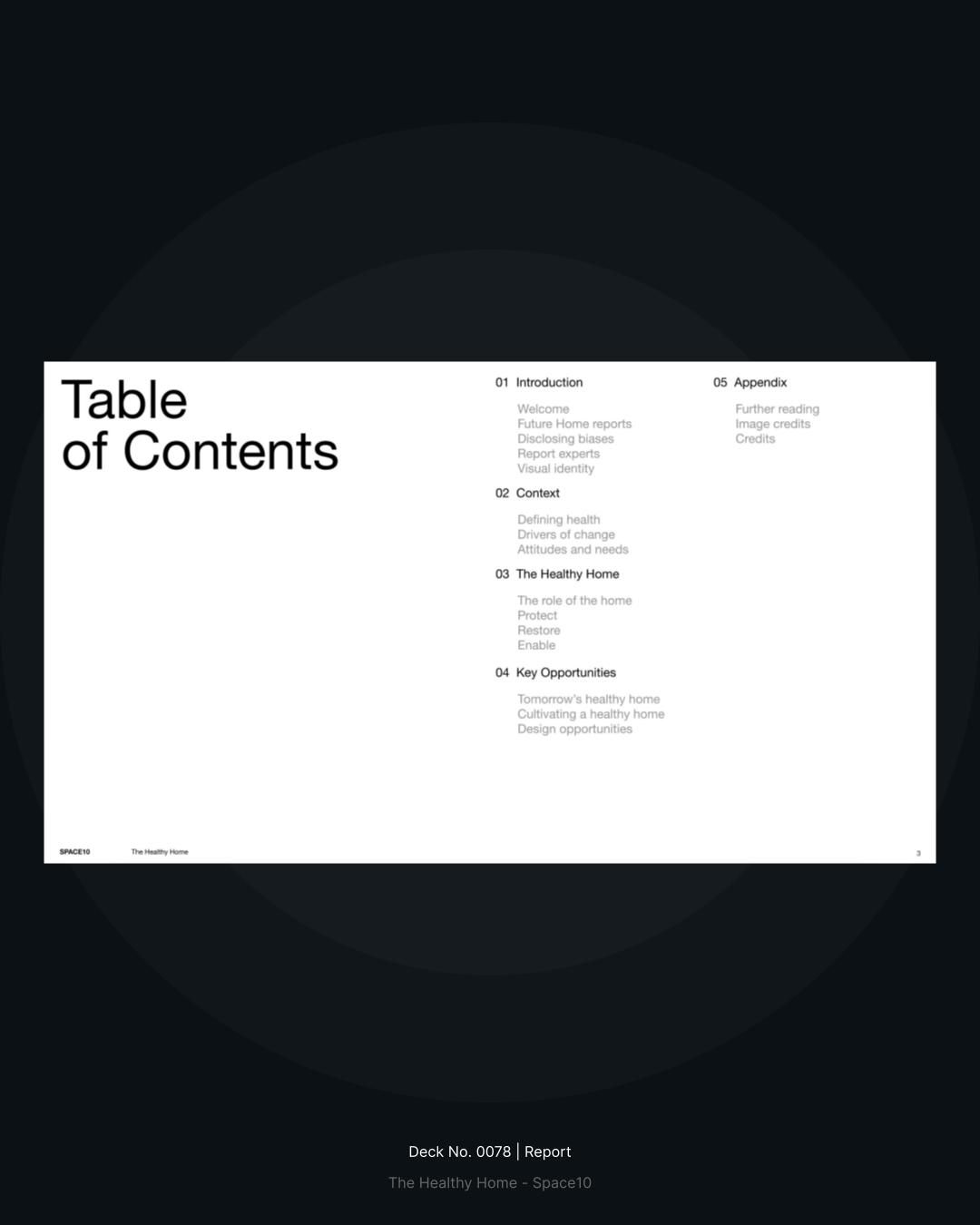 A minimalist table of contents page featuring clean typography and a structured layout with numbered sections. The design employs a stark contrast between white content area and dark navy background, creating a professional and contemporary aesthetic. The layout emphasizes clarity and hierarchy through systematic organization of information.