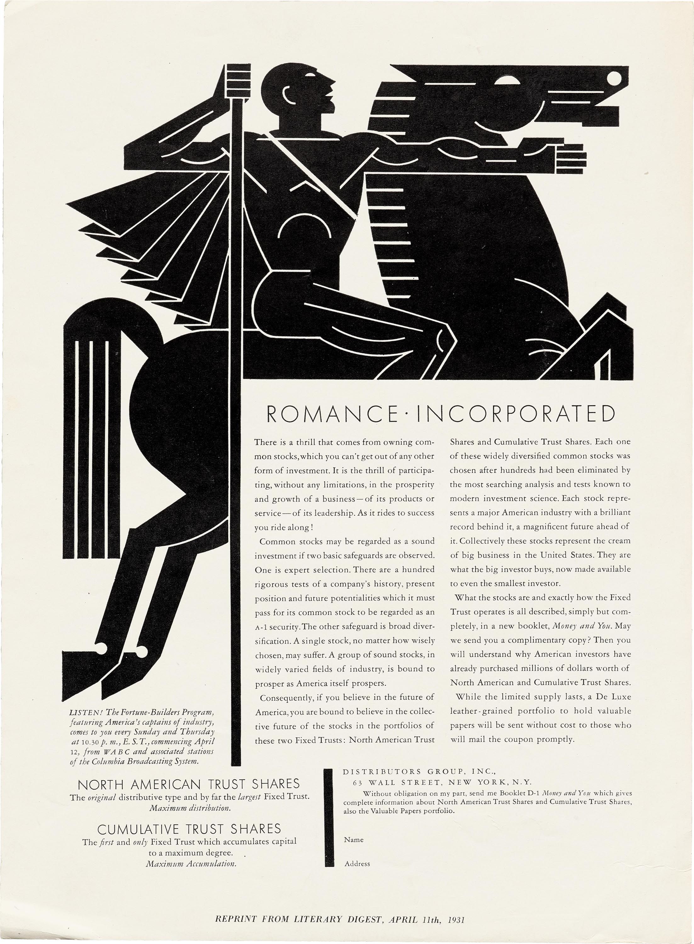 This is a high-contrast, vintage graphic design featuring strong silhouettes and bold typography typical of early 20th-century promotional material. The visual language relies heavily on stark black and white contrast to create dramatic, symbolic figures and convey a sense of established financial solidity.