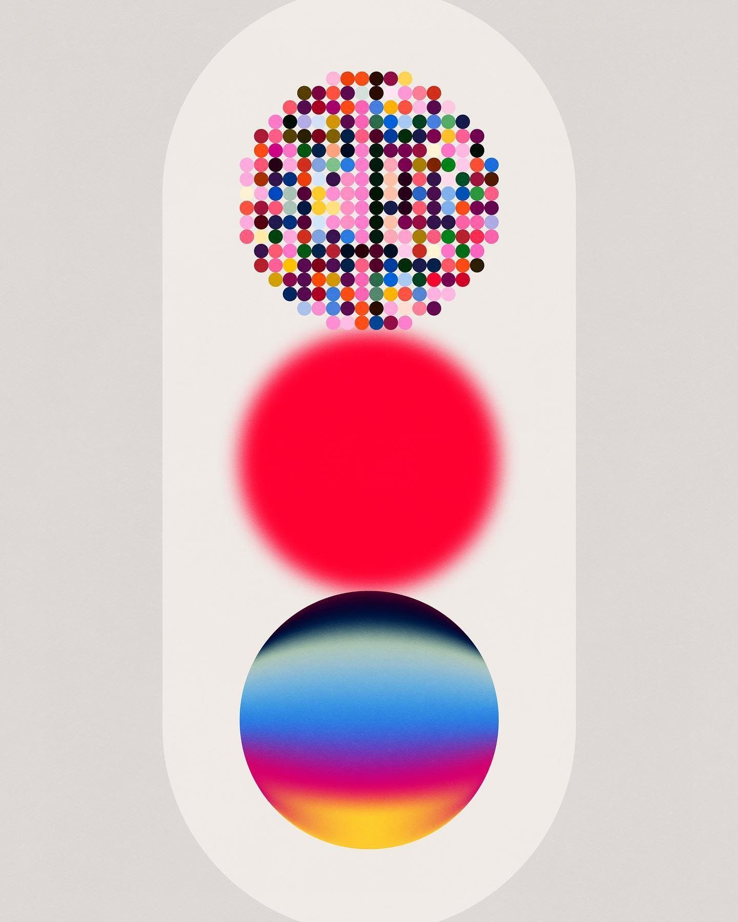 This design utilizes a clean, minimalist vertical structure to present abstract color fields and textures. The visual language relies heavily on vibrant dots and bold, solid blocks of saturated color, creating a dynamic yet organized composition. The overall feel is modern, energetic, and highly graphic.