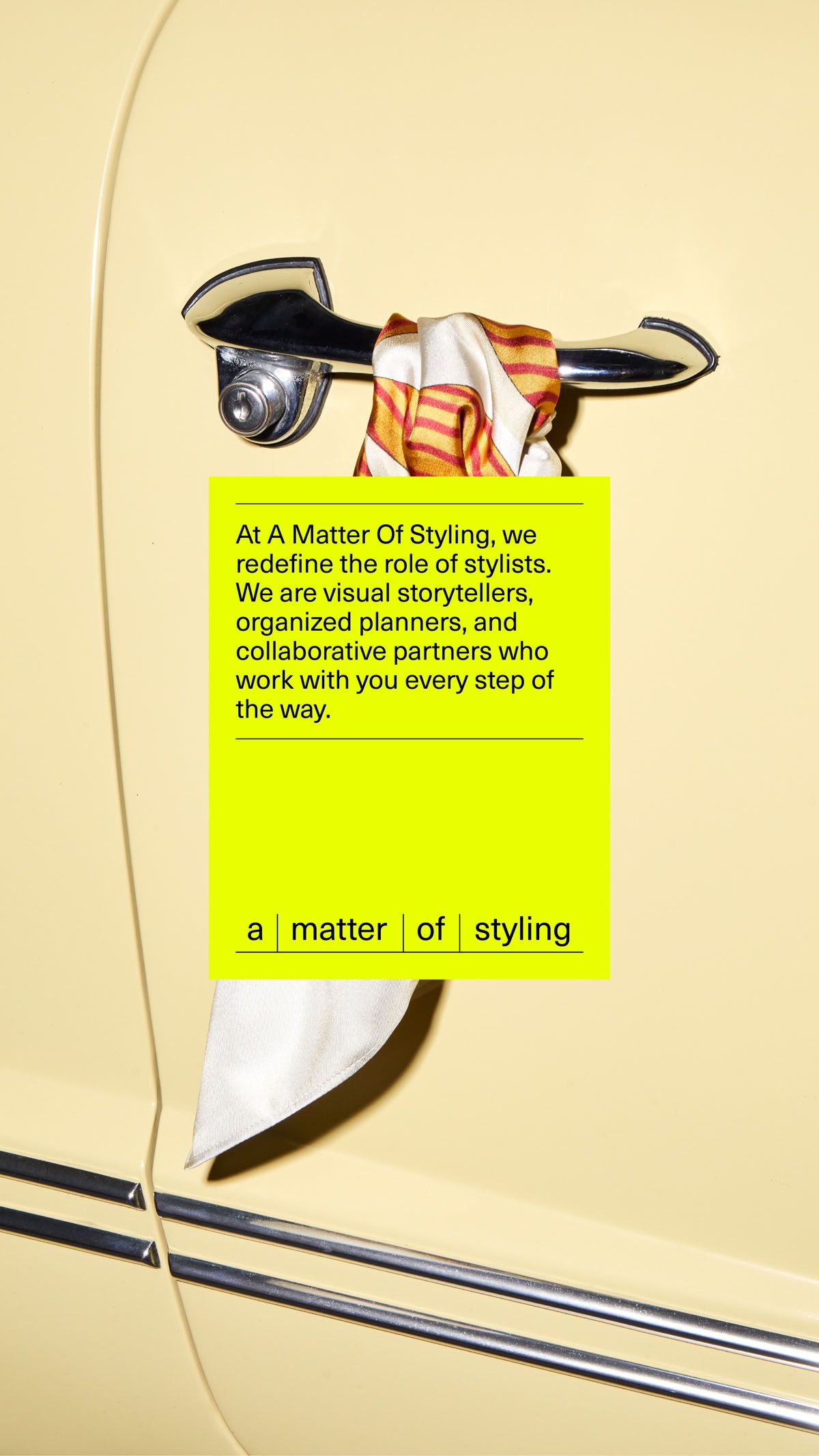 The image features a clean, minimalist design utilizing a pale yellow background with strong graphic elements. It conveys a sense of professional clarity and modern sophistication through the use of simple typography and draped fabric accents.