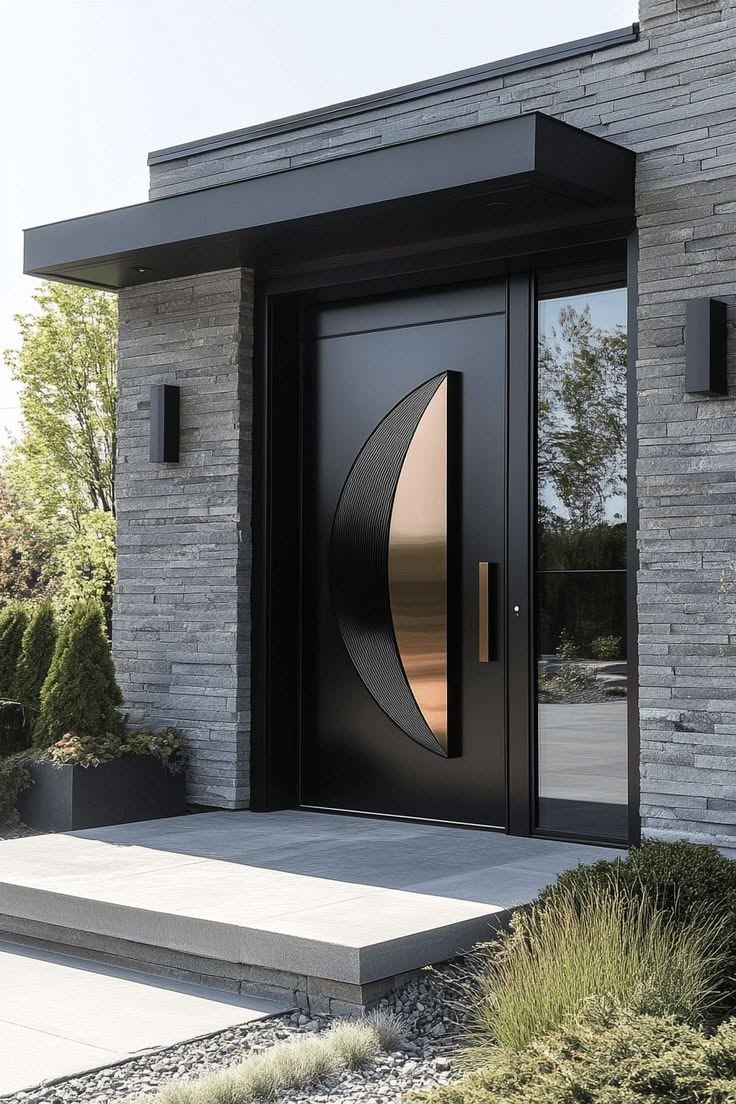 This image showcases a sophisticated modern facade characterized by the striking contrast between rough, stacked stone texture and sleek, dark metal framing. The design emphasizes clean lines, geometric precision, and the subtle warmth of a curved metallic accent on the entryway door.