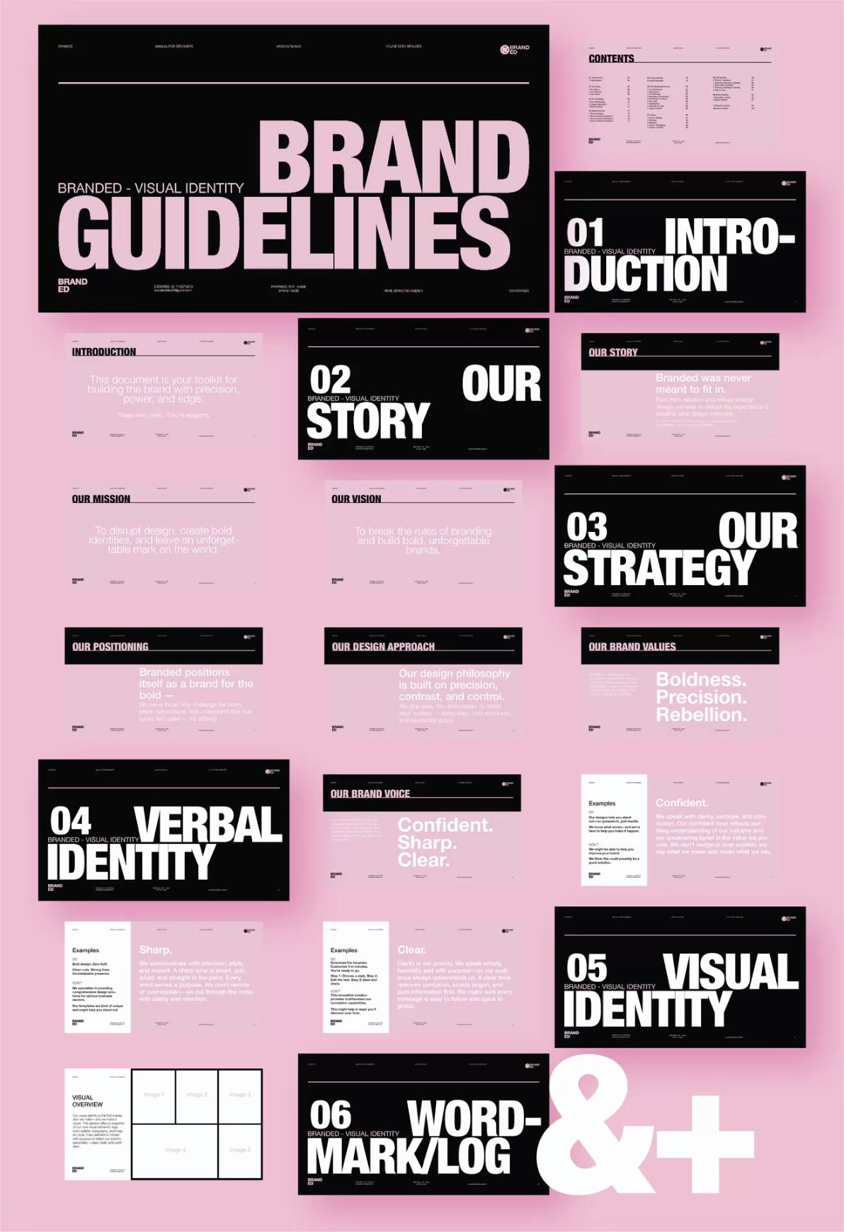 This design utilizes a clean, minimalist aesthetic characterized by high contrast between dark typography and a soft pink background. The visual language is highly structured, relying on clear hierarchy and ample negative space to present complex information in an organized and professional manner.