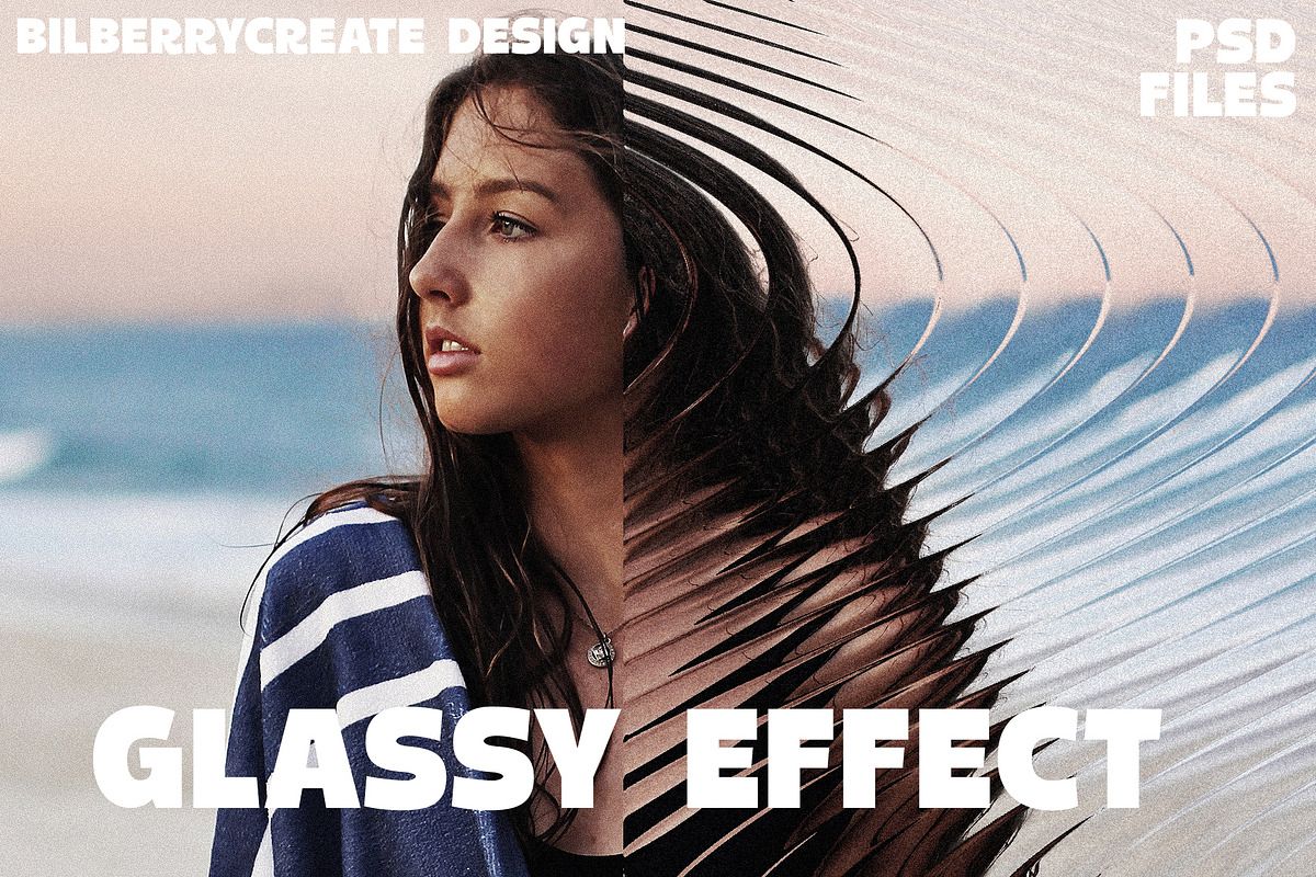 A contemporary design featuring a portrait of a woman at a beach with dynamic linear overlay effects creating a glassy, refractive aesthetic. The composition blends photography with graphic design elements, using bold typography and modern visual effects to create a polished, editorial feel.