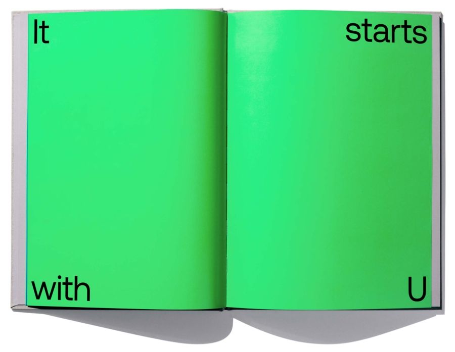 This image presents a minimalist, clean layout featuring stark blocks of bright, uniform green against a white background. The design relies on simple text labels positioned at the edges to suggest a sequential or paired concept, conveying a sense of clarity and directness.