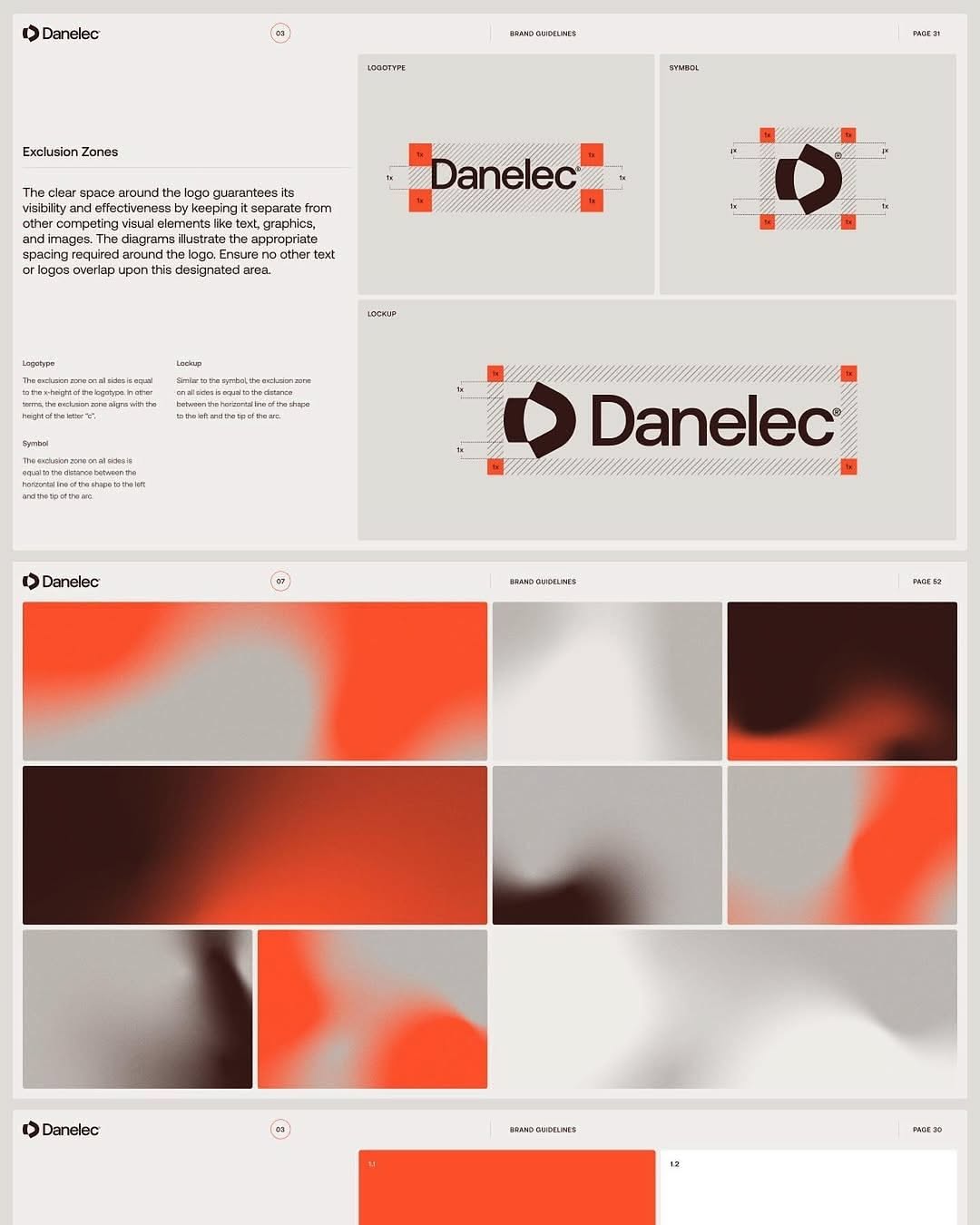 This is a highly structured and minimalist brand guideline page emphasizing clarity and precision. The design uses strong geometric shapes and negative space effectively to define rules for logo usage and color application. The visual language is corporate, modern, and highly organized.