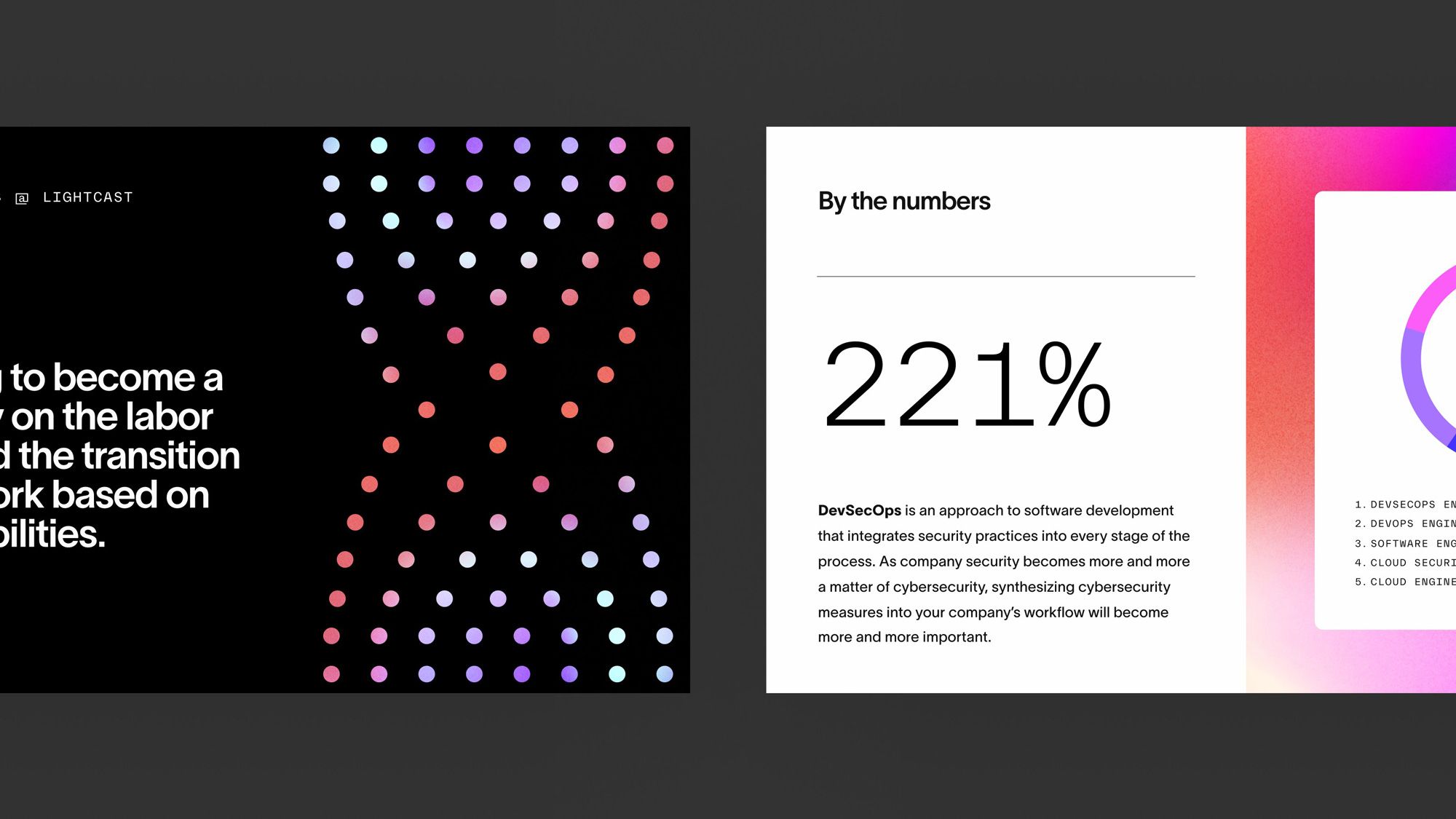 This design utilizes a stark, high-contrast aesthetic, pairing dark backgrounds with vibrant, scattered dots and clean white text to emphasize data and professionalism. The visual language is modern and structured, effectively separating complex information into digestible segments.