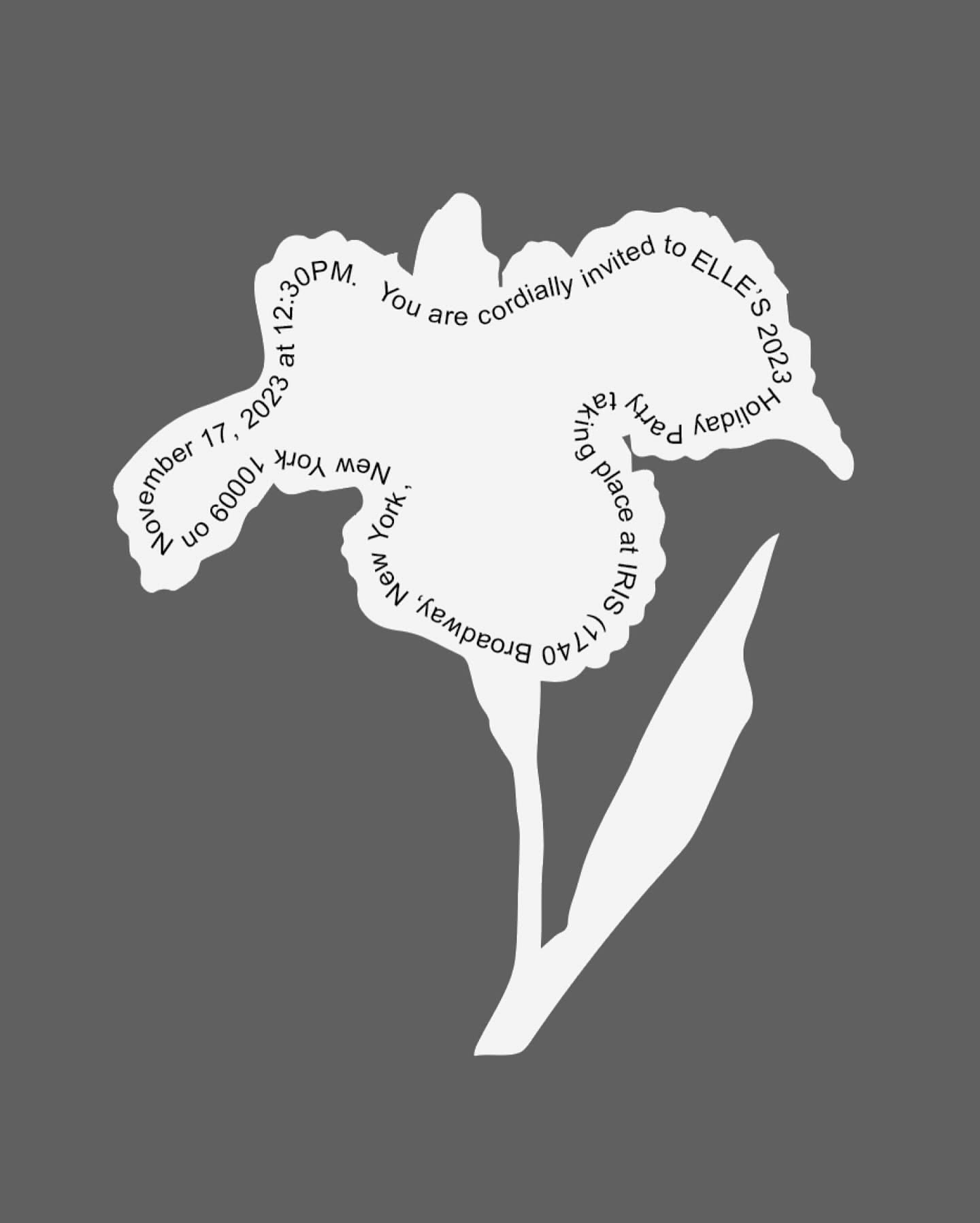 The image features a stylized, monochrome illustration of a flower shape formed by text, conveying an invitation or announcement. The design is delicate and organic, using negative space effectively to create the form.