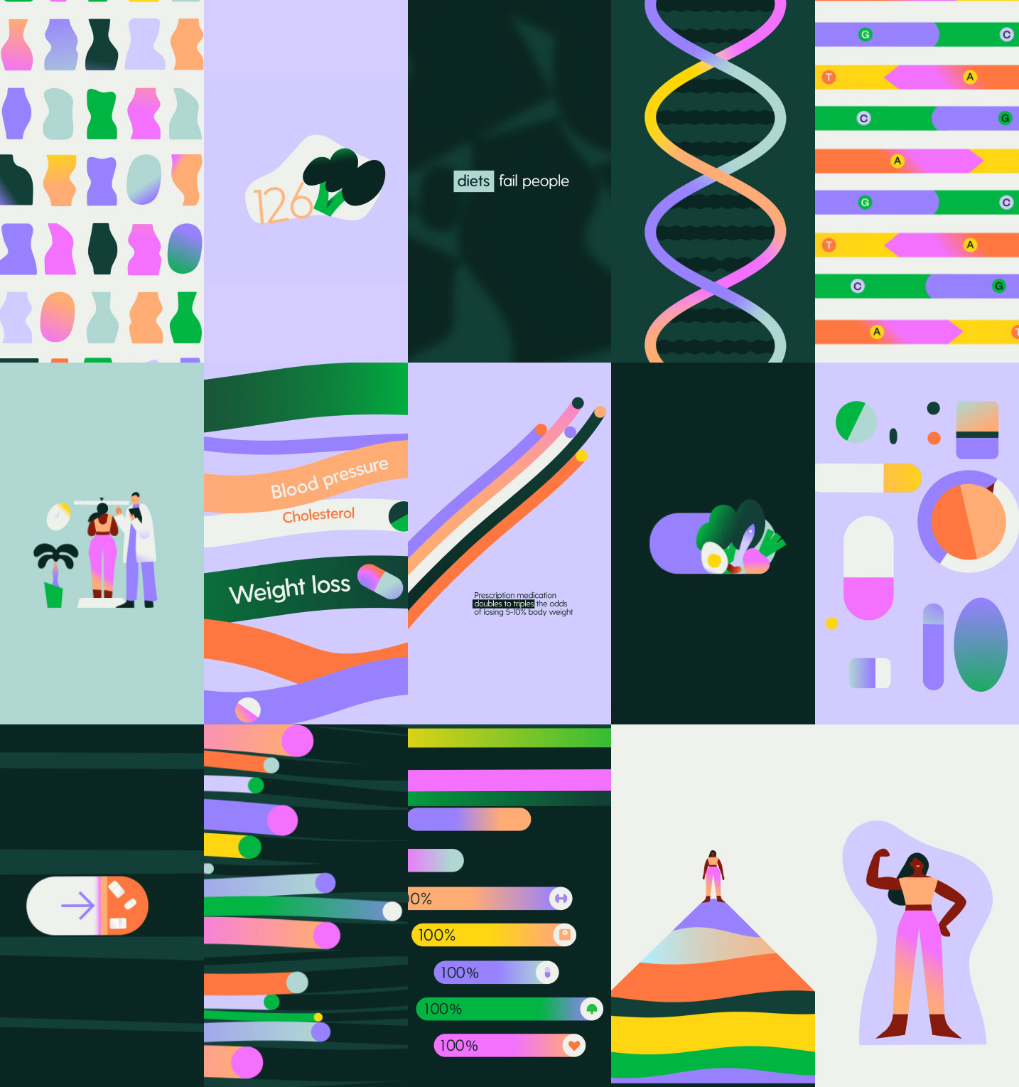 This image is a grid of diverse infographic elements, characterized by a clean, modern, and somewhat clinical visual language. It uses bright, contrasting colors against dark backgrounds to present various health and diet-related statistics in a highly structured manner.