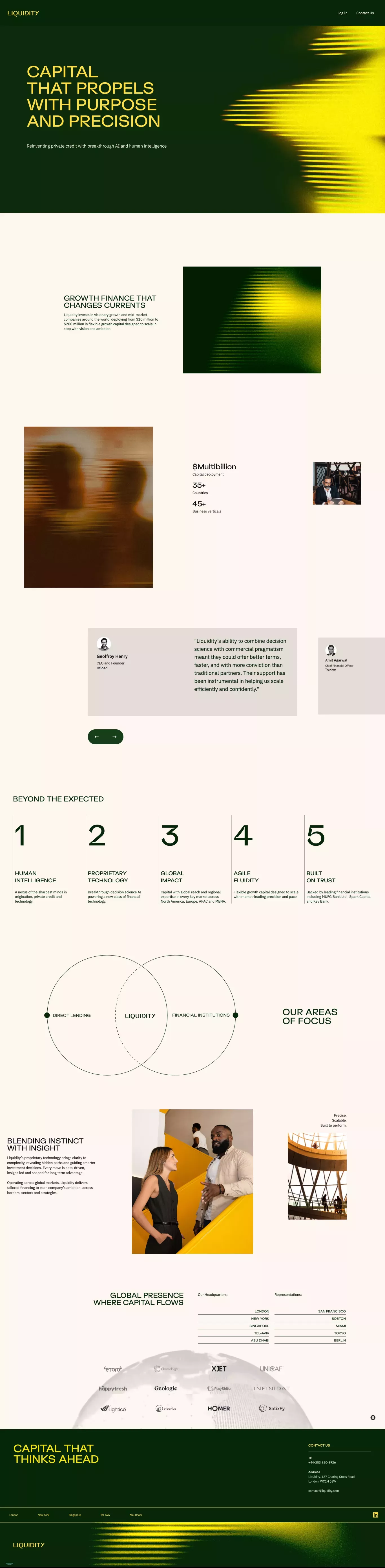 The design employs a sophisticated, minimalist aesthetic characterized by strong geometric lines and a subtle, dynamic color gradient. The visual language is clean and professional, utilizing ample white space to emphasize content hierarchy, resulting in a high-end corporate feel.