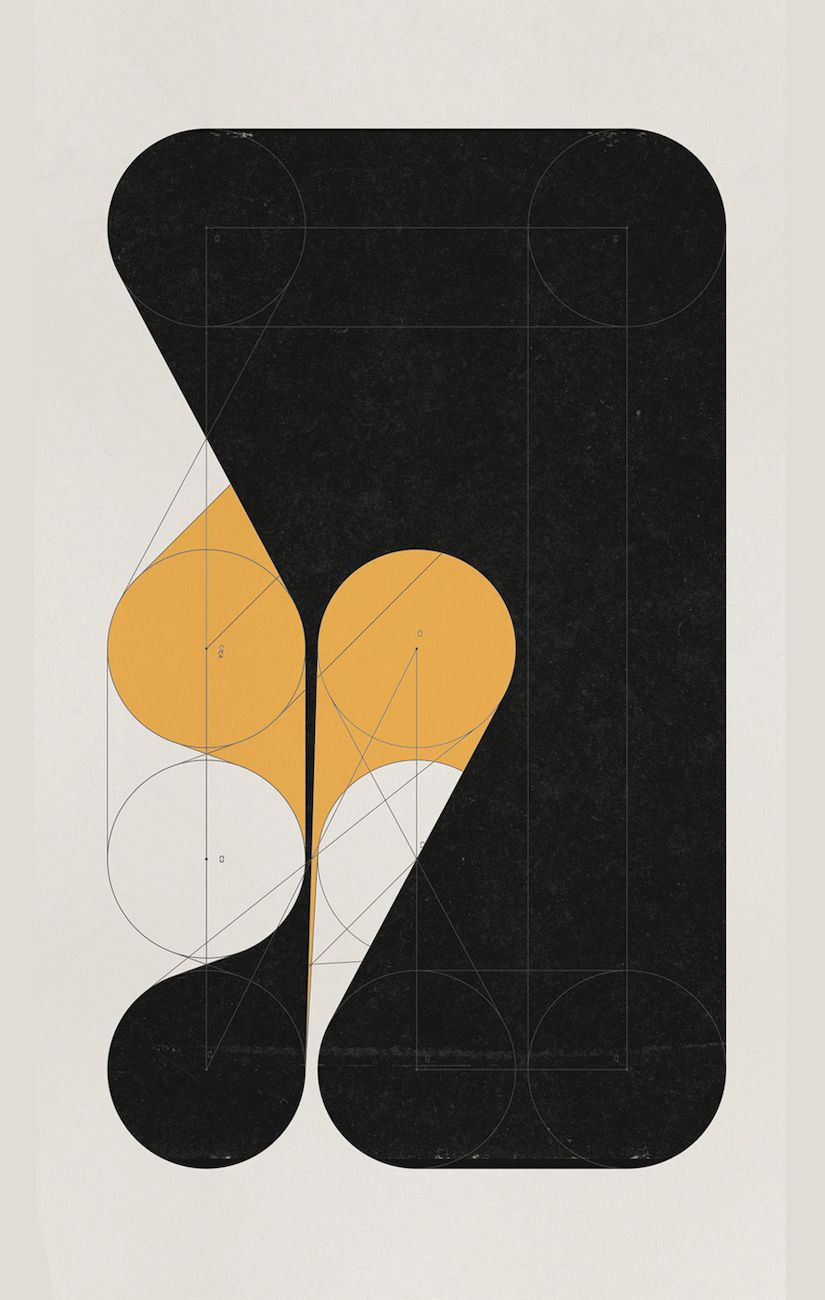 This design showcases a sophisticated interplay between solid geometric forms and fluid, organic shapes set against a stark background. The visual language relies heavily on high contrast and precise lines to create a modern, minimalist aesthetic.