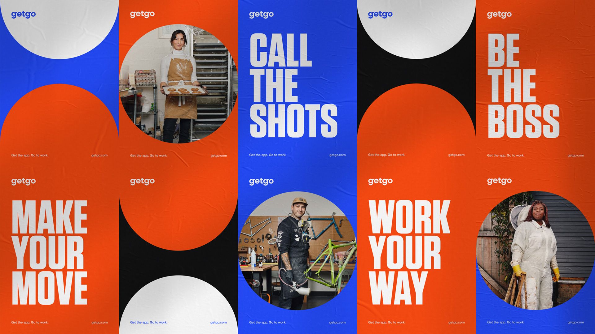 This is a grid layout featuring several distinct, vertically oriented promotional panels, characterized by bold color blocking and high-contrast photography. The design uses strong geometric shapes (circles) to frame content, creating a modern, punchy, and direct visual language.